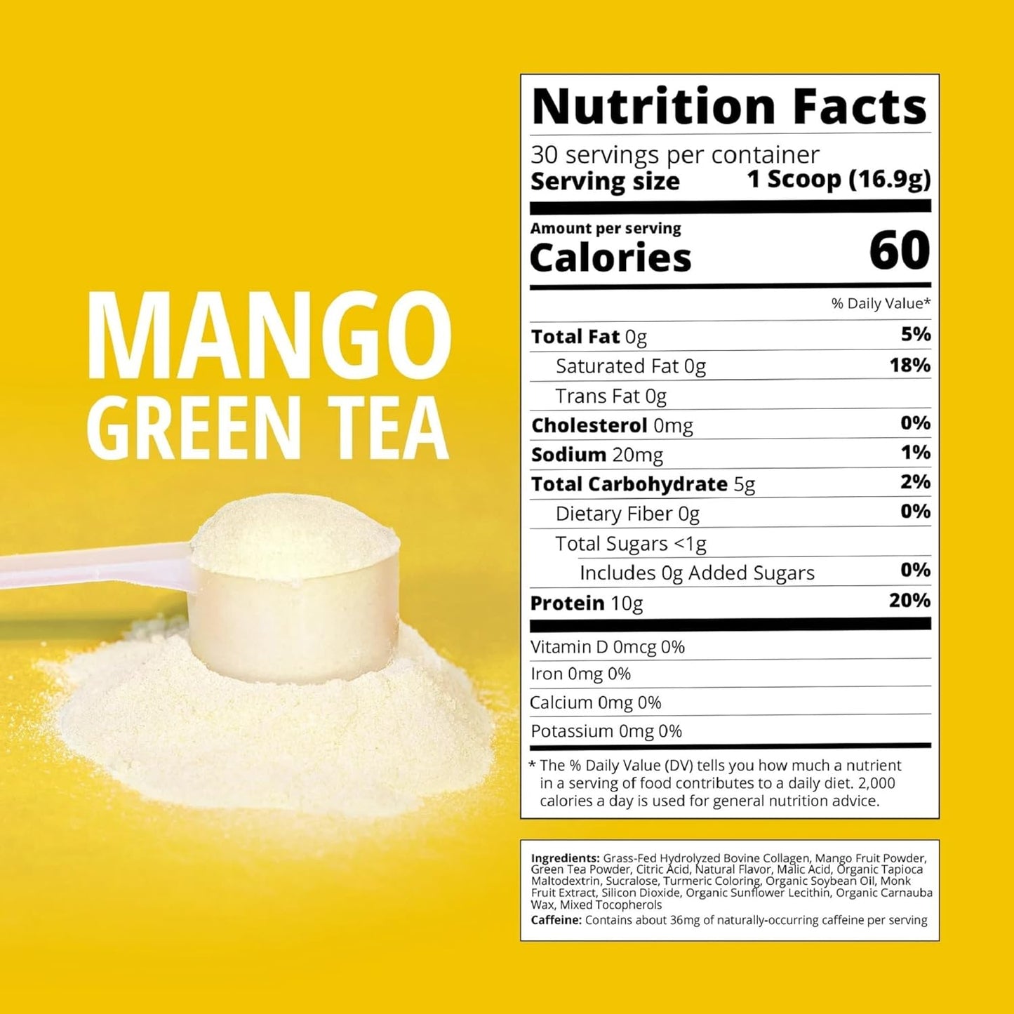 Green Tea Mango Boba Protein Collagen Powder - 30 Servings, Grass-Fed Hydrolyzed Bovine Formula for Hair, Skin, Nail, Bone, Joint Health - No Sugar Added