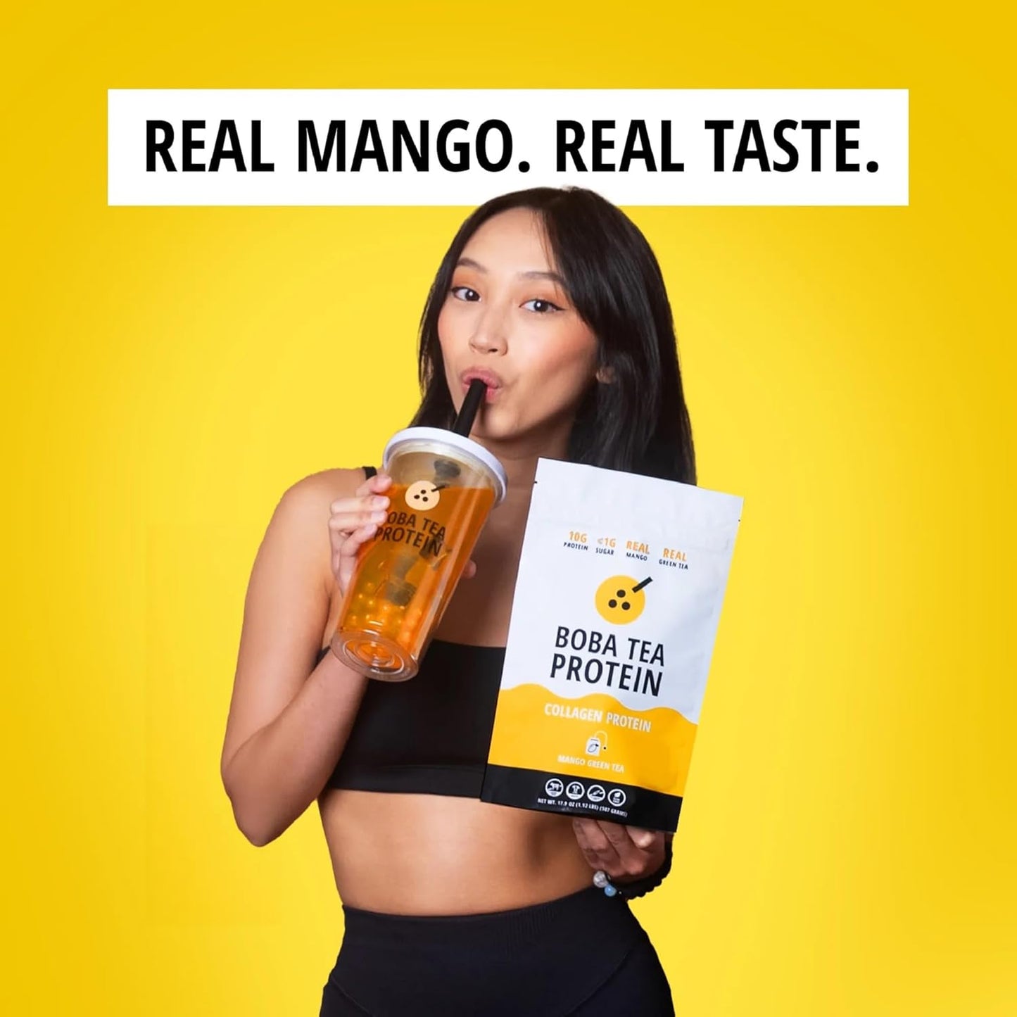 Green Tea Mango Boba Protein Collagen Powder - 30 Servings, Grass-Fed Hydrolyzed Bovine Formula for Hair, Skin, Nail, Bone, Joint Health - No Sugar Added