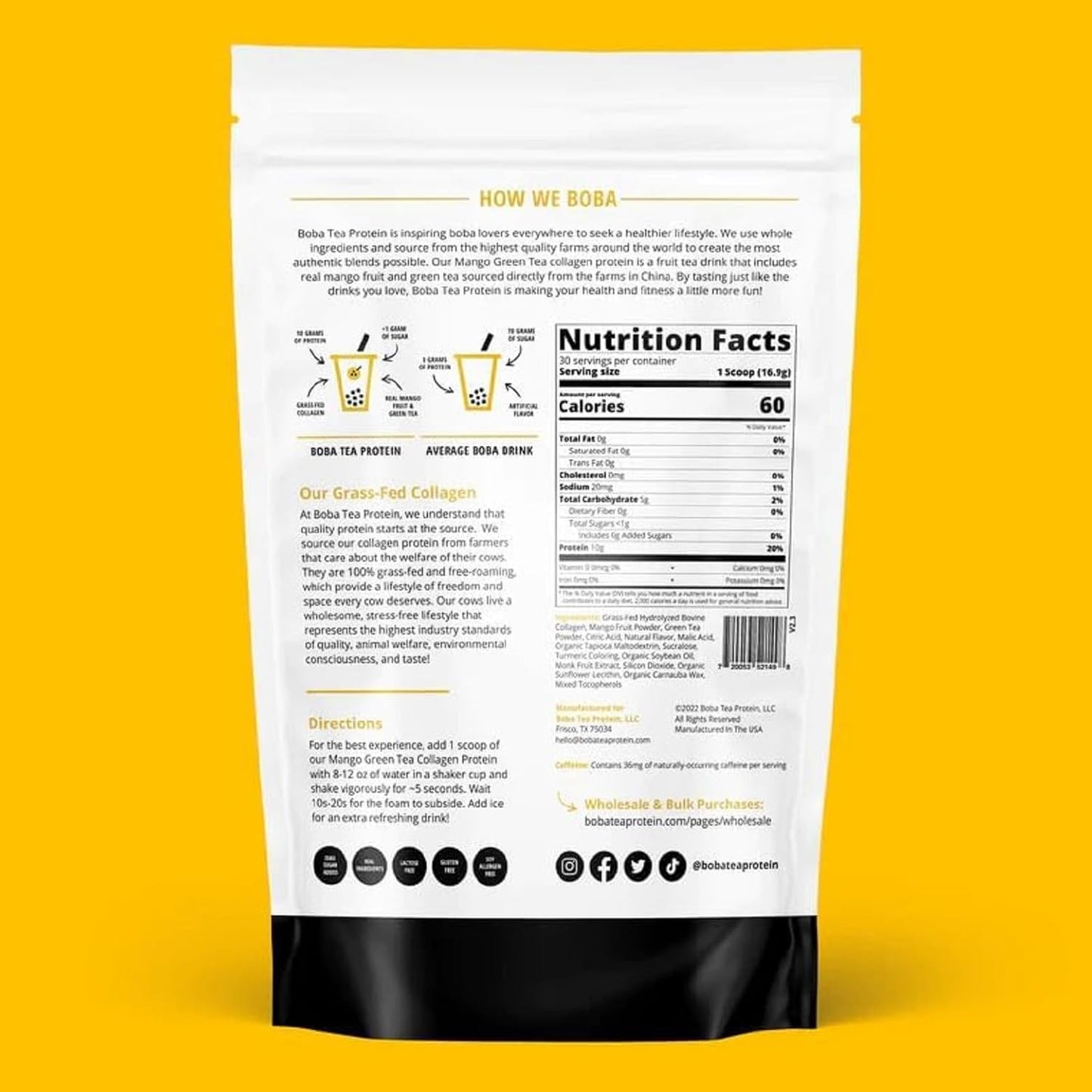Green Tea Mango Boba Protein Collagen Powder - 30 Servings, Grass-Fed Hydrolyzed Bovine Formula for Hair, Skin, Nail, Bone, Joint Health - No Sugar Added