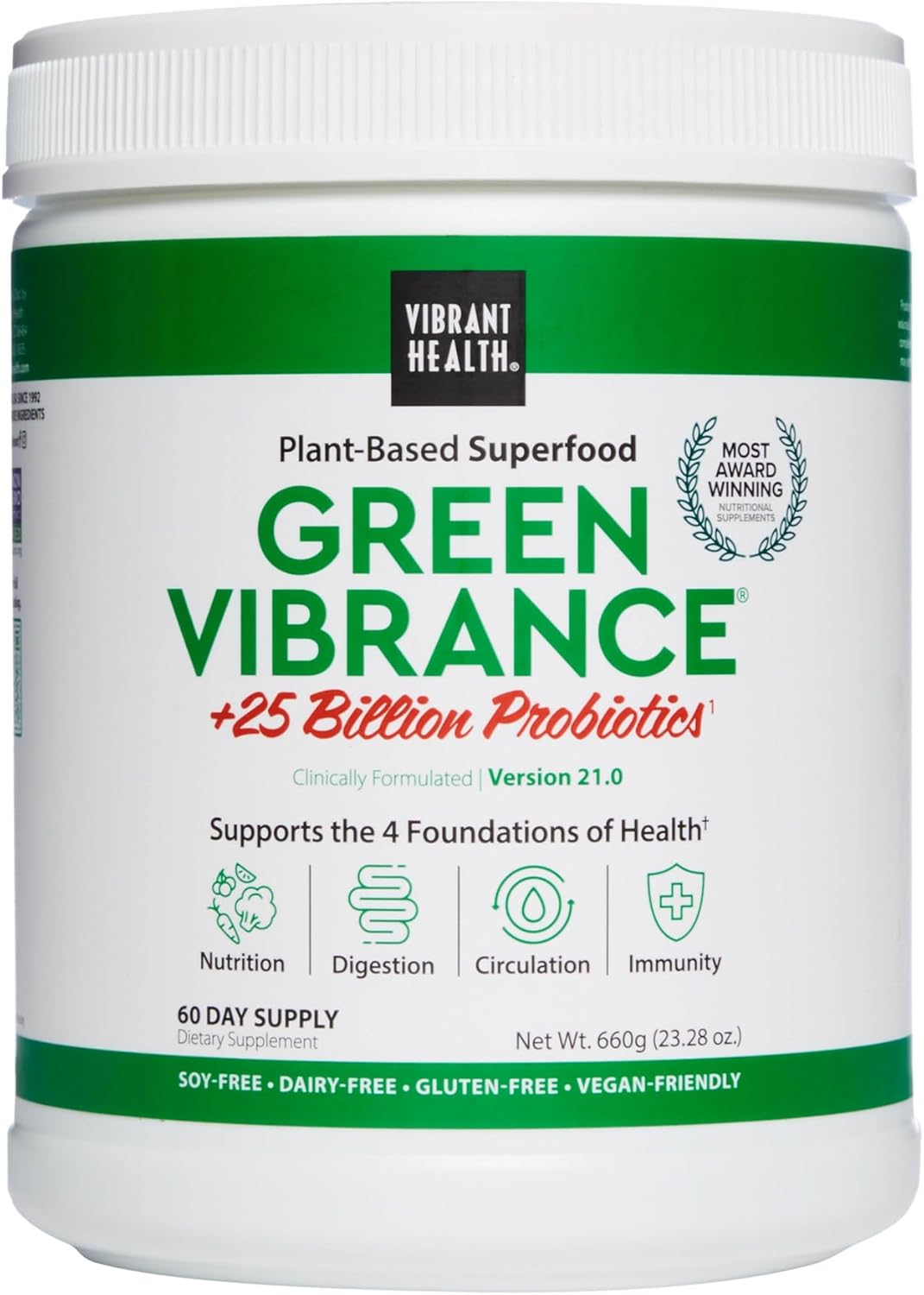 Green Vibrance Superfood Powder with 65 Plant-Based Superfoods, 25 Billion Probiotics, Fiber, Adaptogens & Enzymes - 60 Servings