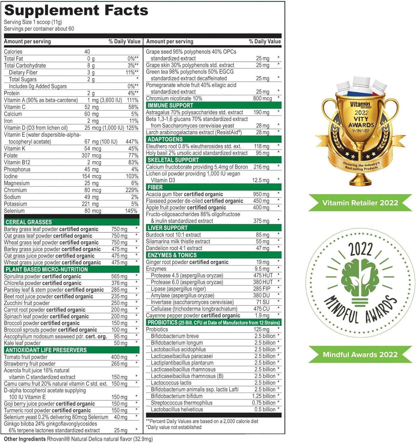 Green Vibrance Superfood Powder with 65 Plant-Based Superfoods, 25 Billion Probiotics, Fiber, Adaptogens & Enzymes - 60 Servings