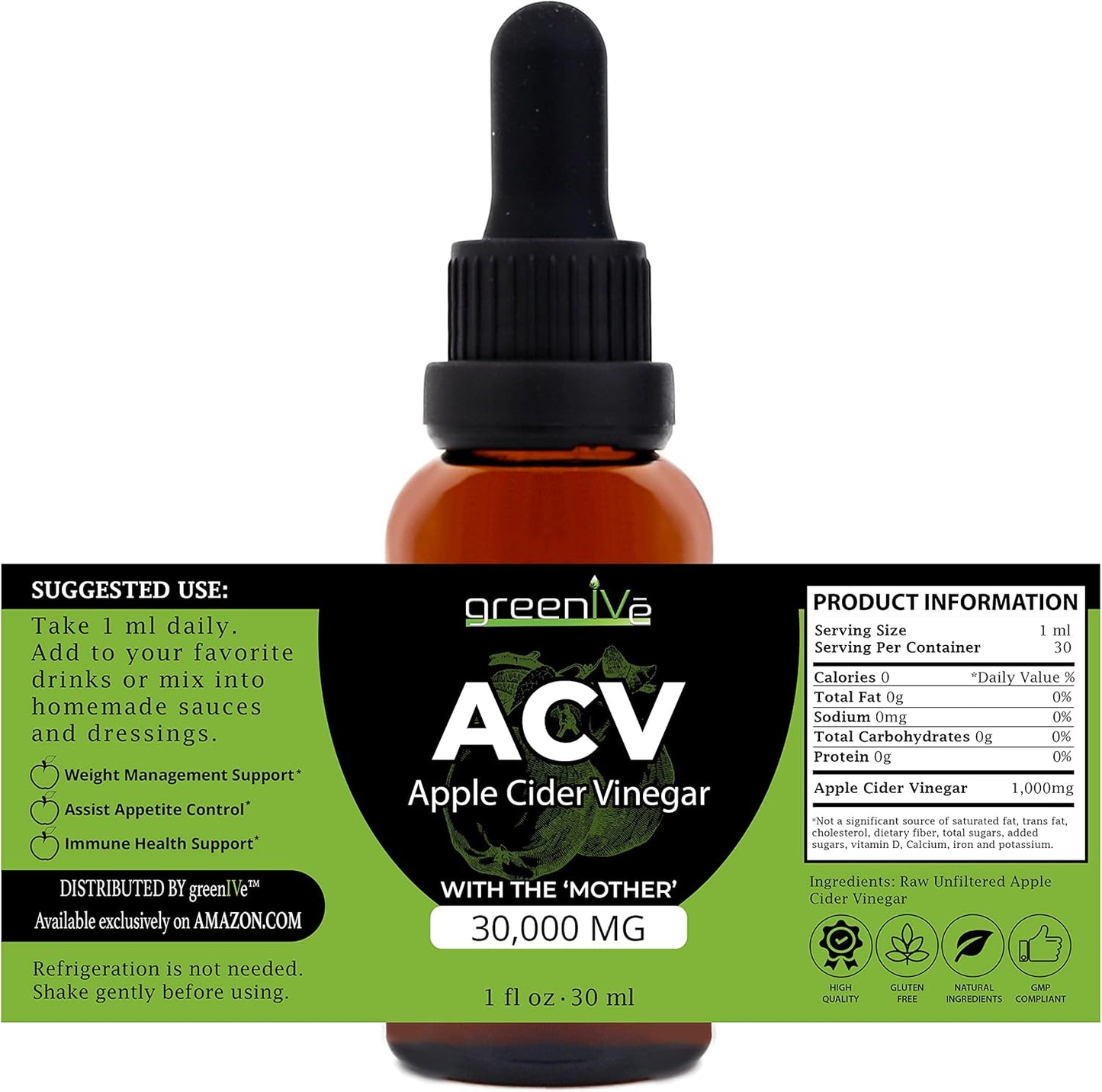 GreenIVe Organic Apple Cider Vinegar Drops with The Mother - Pure ACV Supplement