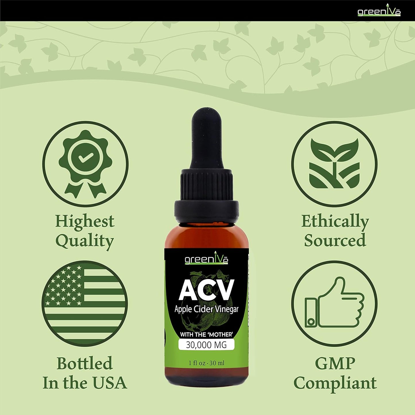 GreenIVe Organic Apple Cider Vinegar Drops with The Mother - Pure ACV Supplement