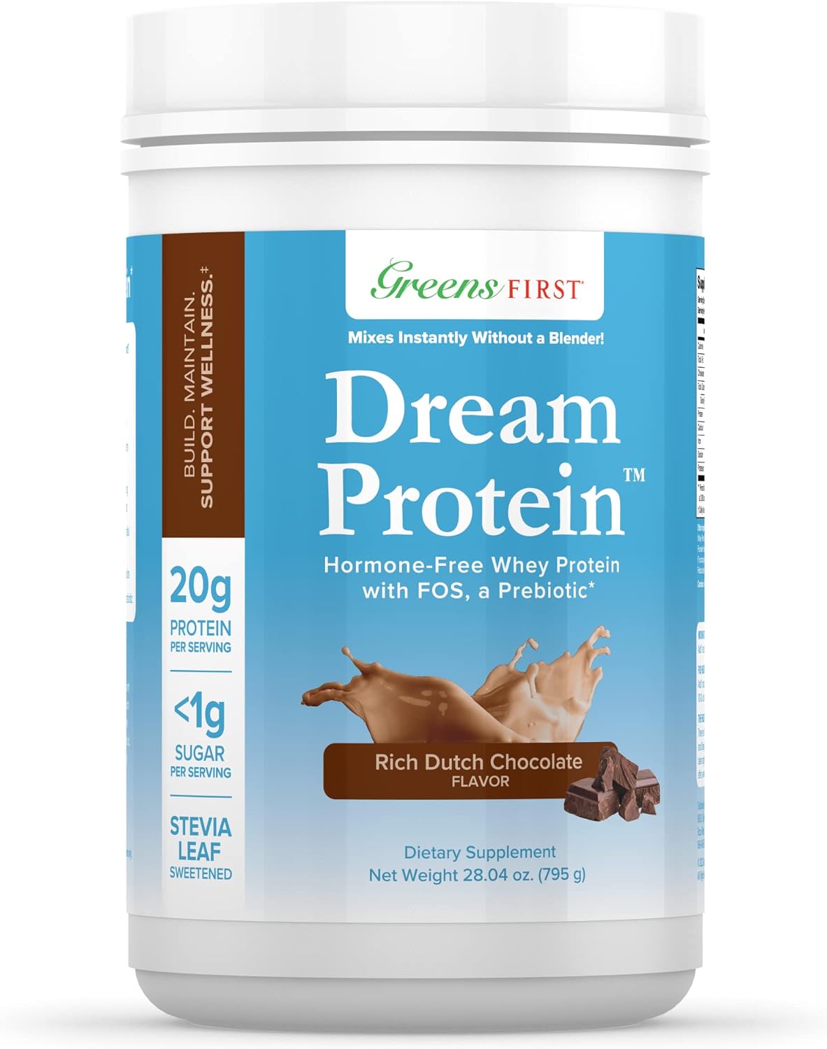 Greens First Dream Whey Protein Powder, Rich Dutch Chocolate, 30 Servings - Low Carb, Hormone-Free, Non-GMO - 20g Protein - No Artificial Sweeteners - 28.04 oz
