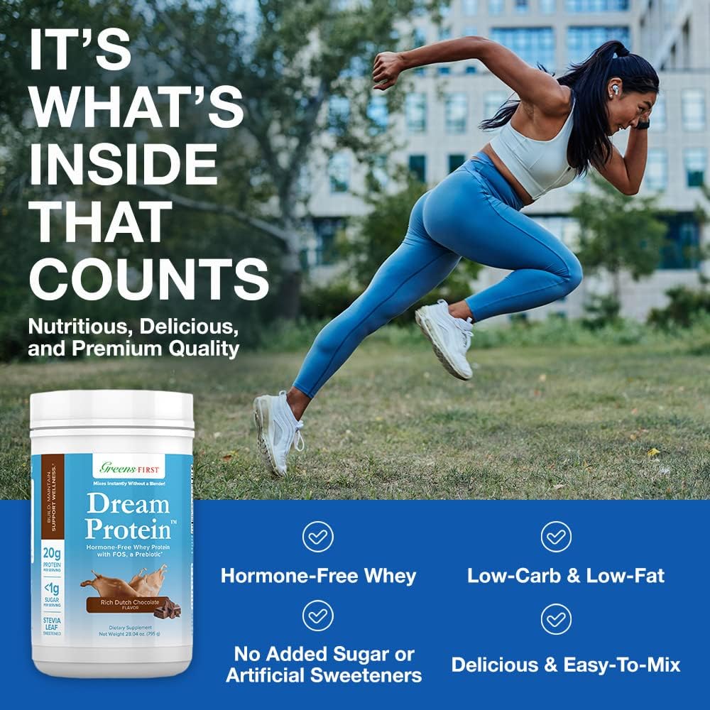Greens First Dream Whey Protein Powder, Rich Dutch Chocolate, 30 Servings - Low Carb, Hormone-Free, Non-GMO - 20g Protein - No Artificial Sweeteners - 28.04 oz