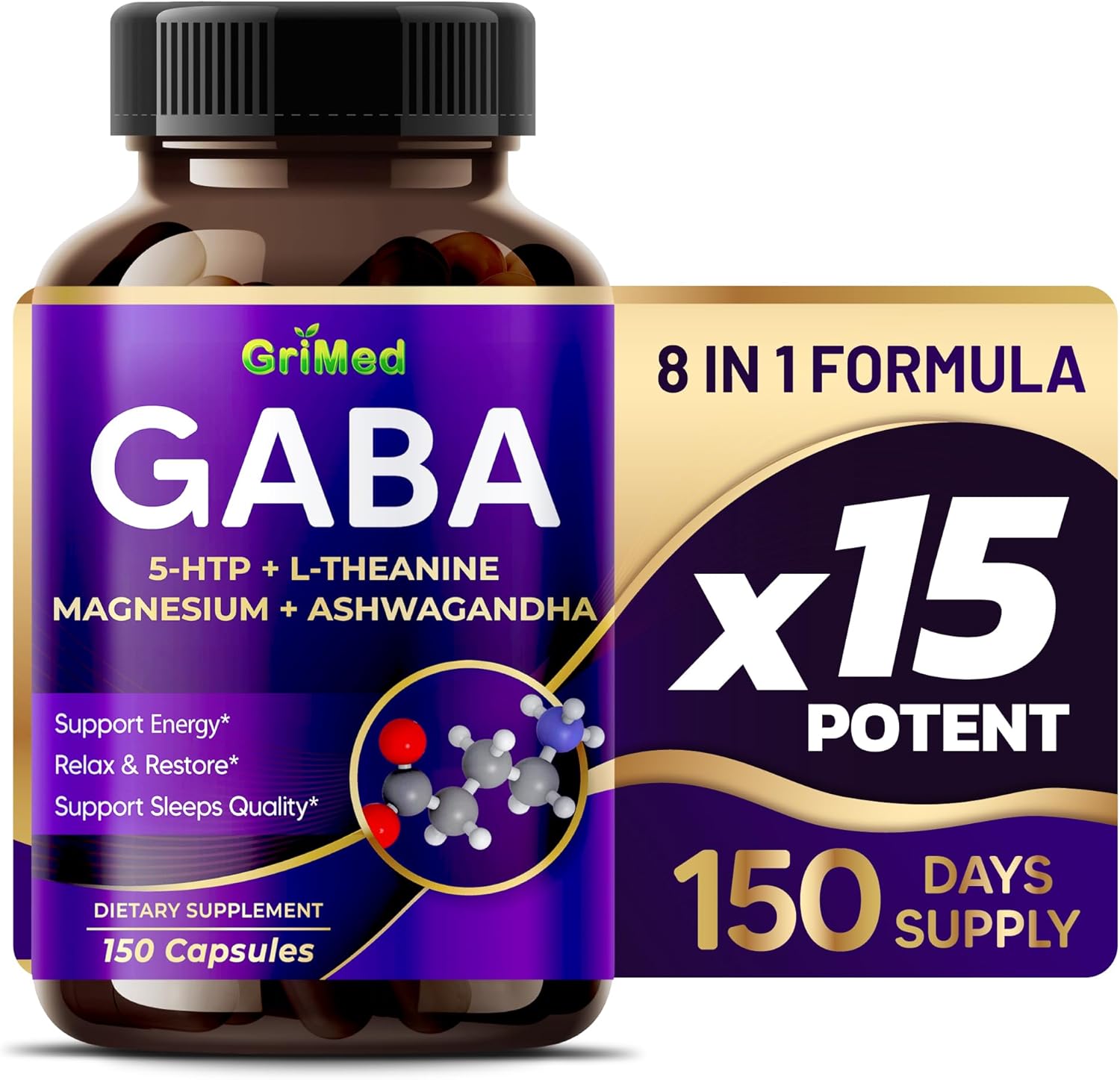 GriMed GABA 16,280mg Capsules with 5-HTP, L-Theanine, Magnesium, Ashwagandha - Relax, Restore, and Support Sleep - 150 Count - Made in USA