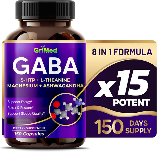 GriMed GABA 16,280mg Capsules with 5-HTP, L-Theanine, Magnesium, Ashwagandha - Relax, Restore, and Support Sleep - 150 Count - Made in USA