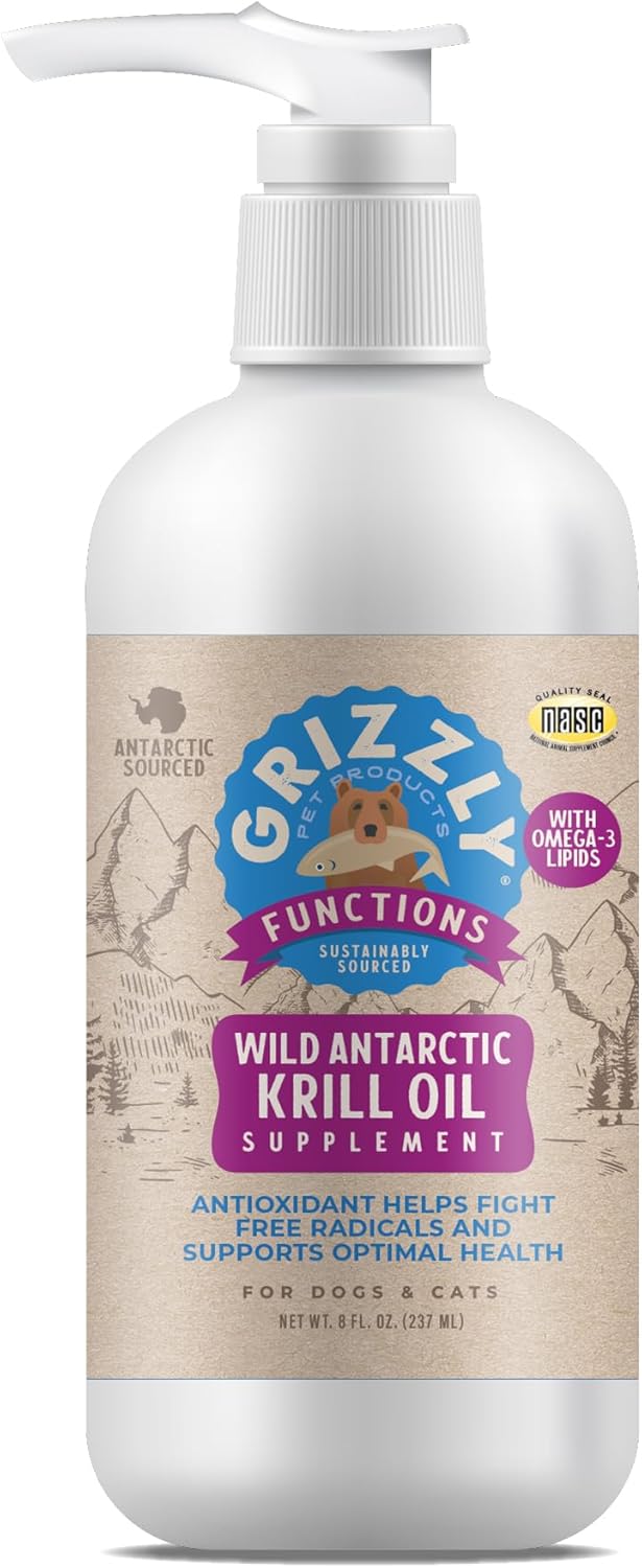 Grizzly Wild Antarctic Krill Oil Dog Food Supplement - Natural Antioxidant & Omega 3 Fatty Acids - 8 oz