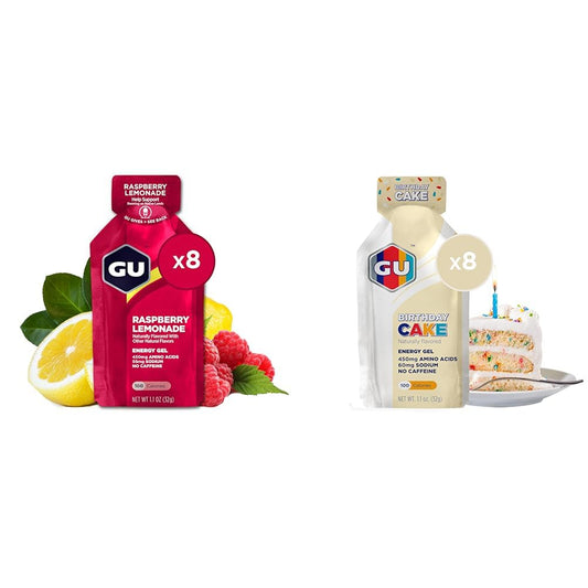 GU Energy Gel 8-Pack: Raspberry Lemonade & Birthday Cake Bundle - Sports Nutrition Energy Gel