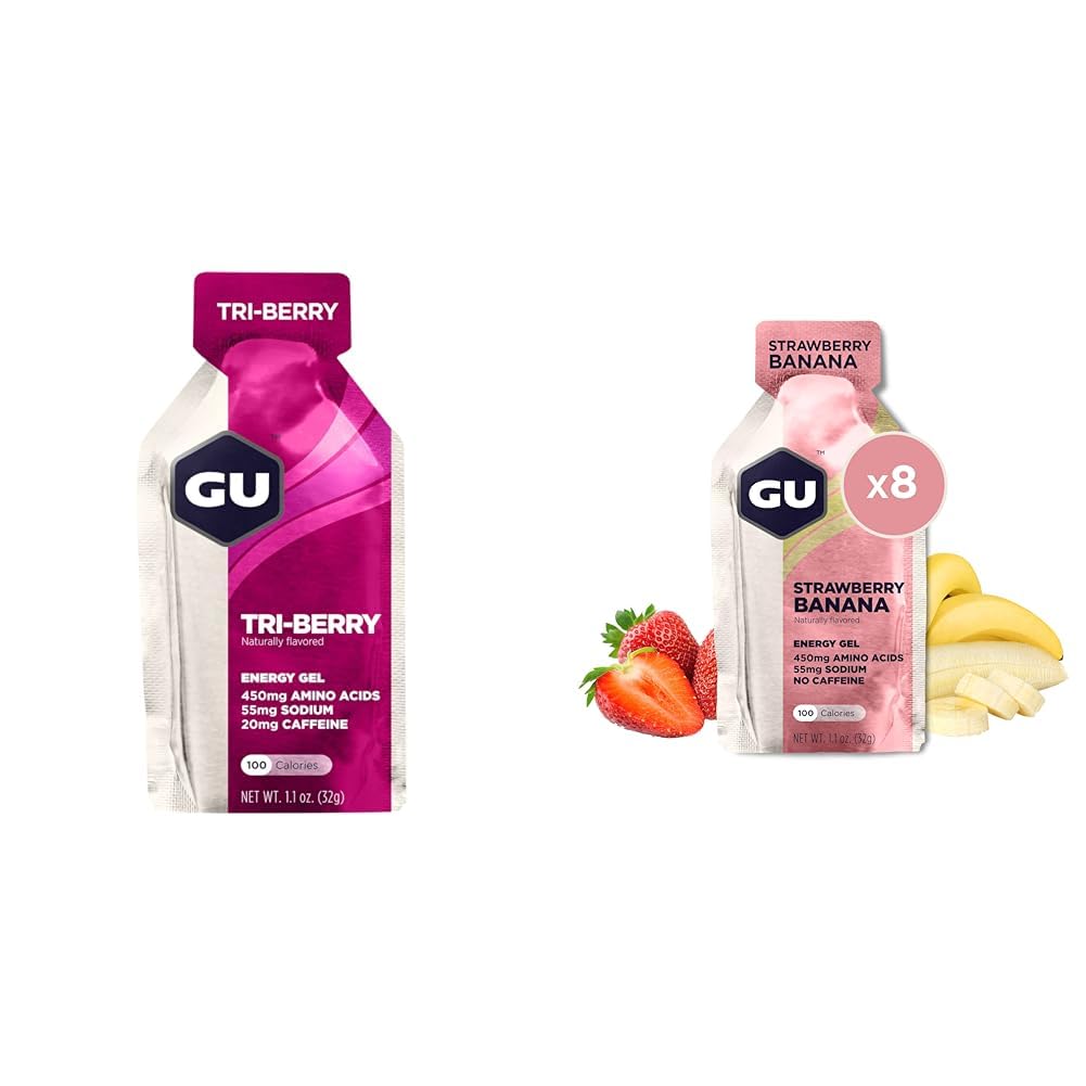 GU Energy Original Sports Nutrition Gel 8-Count Bundle, Tri-Berry & Strawberry Banana Flavors