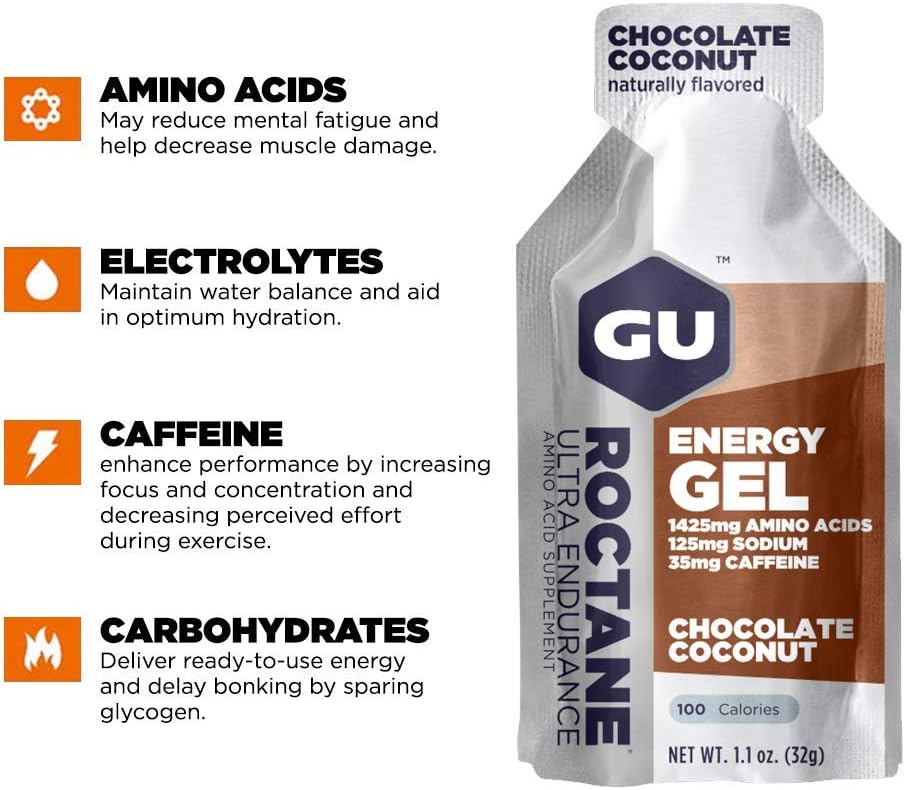 GU Energy Roctane Ultra Endurance Energy Gel, Chocolate Coconut Flavor - 24 Count, Vegan, Gluten-Free, Kosher, Dairy-Free - On-The-Go Nutrition for Running, Biking, Hiking, Skiing