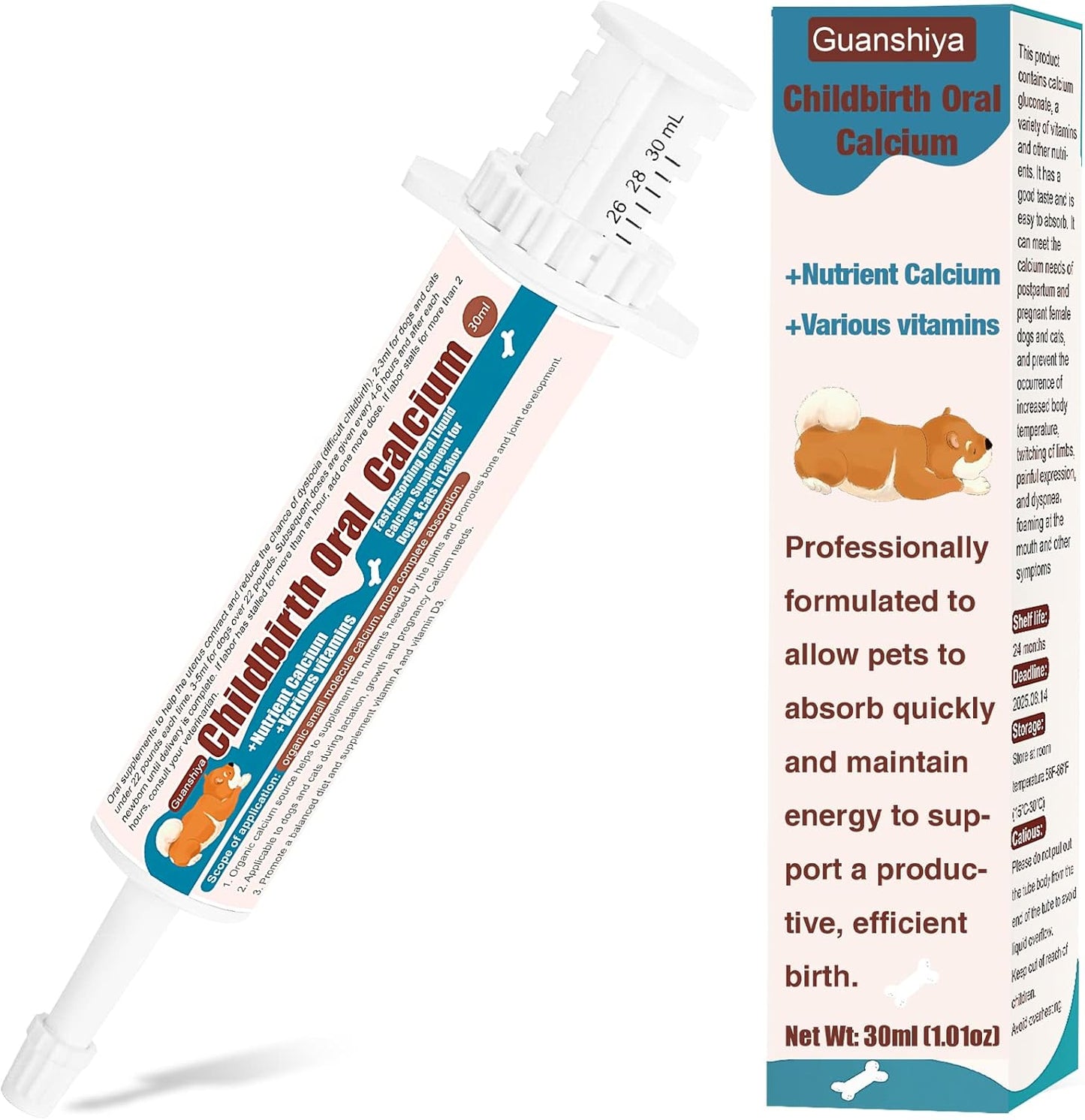 Guanshiya Oral Calcium Supplement for Dogs & Cats in Labor - Whelping, Nursing, Calcium Deficiency - Fast Absorption - Supports Energy & Delivery - 30 ml Liquid