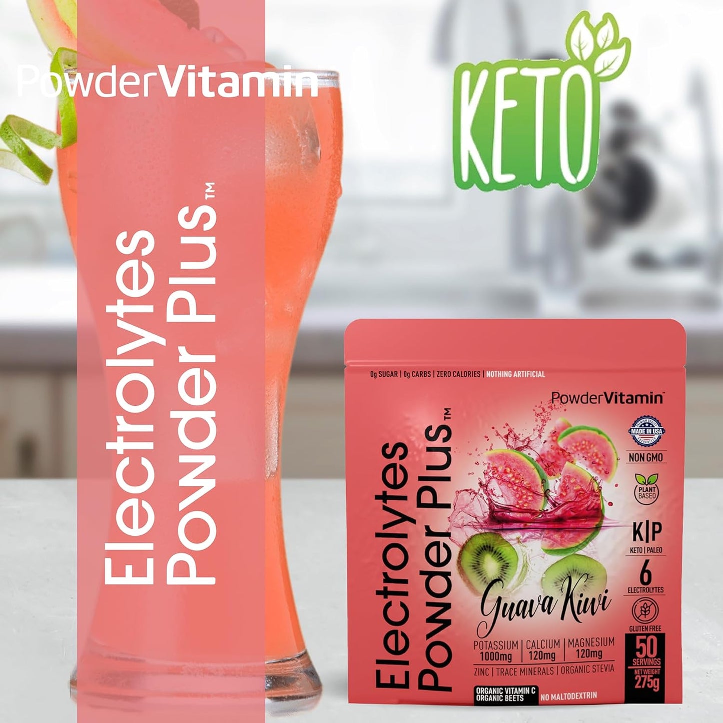 Guava Kiwi Electrolyte Powder with 50 Servings, Zero Calorie Keto Formula - 1000mg Potassium, 120mg Calcium, 120mg Magnesium for Hydration