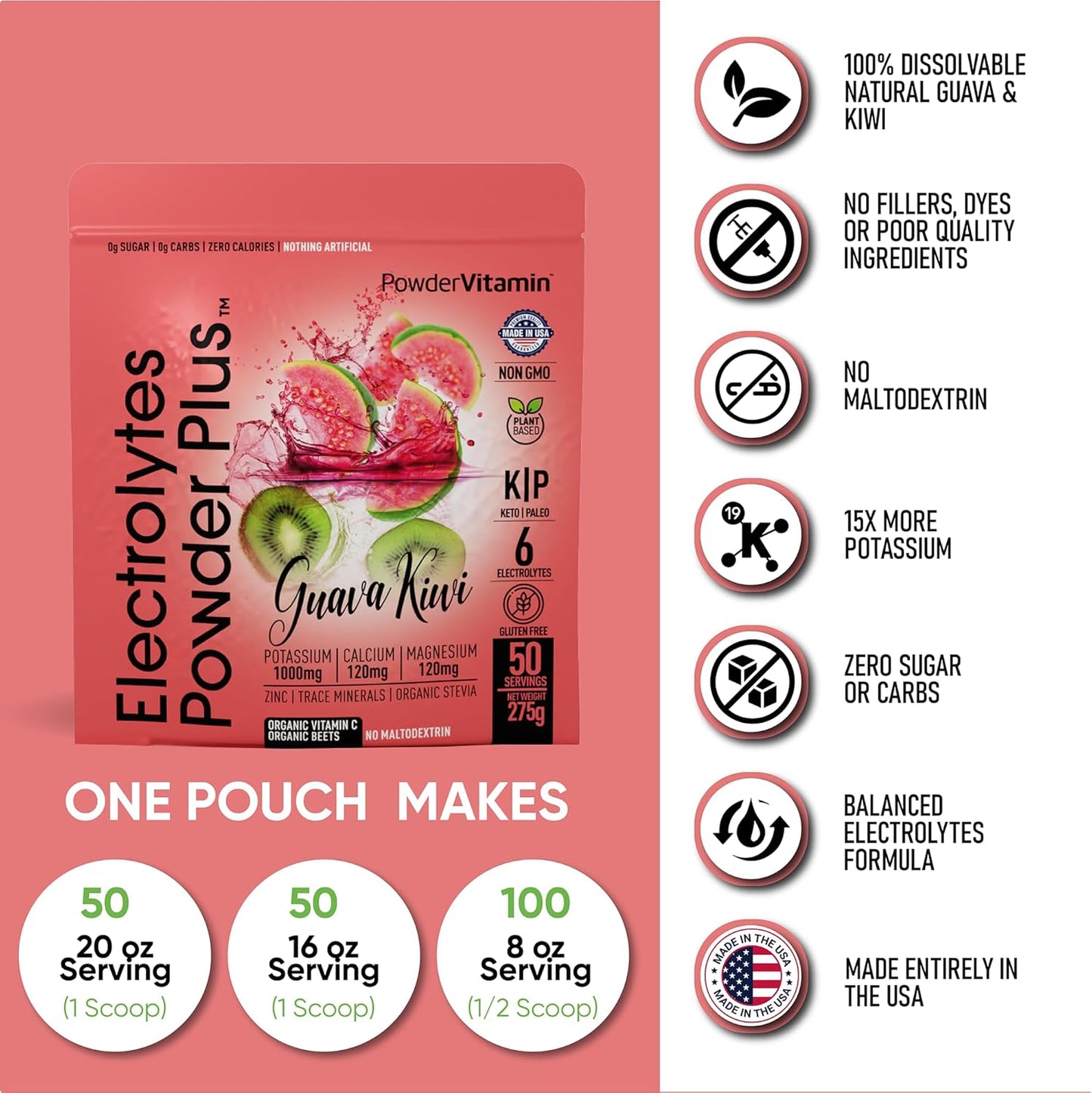 Guava Kiwi Electrolyte Powder with 50 Servings, Zero Calorie Keto Formula - 1000mg Potassium, 120mg Calcium, 120mg Magnesium for Hydration