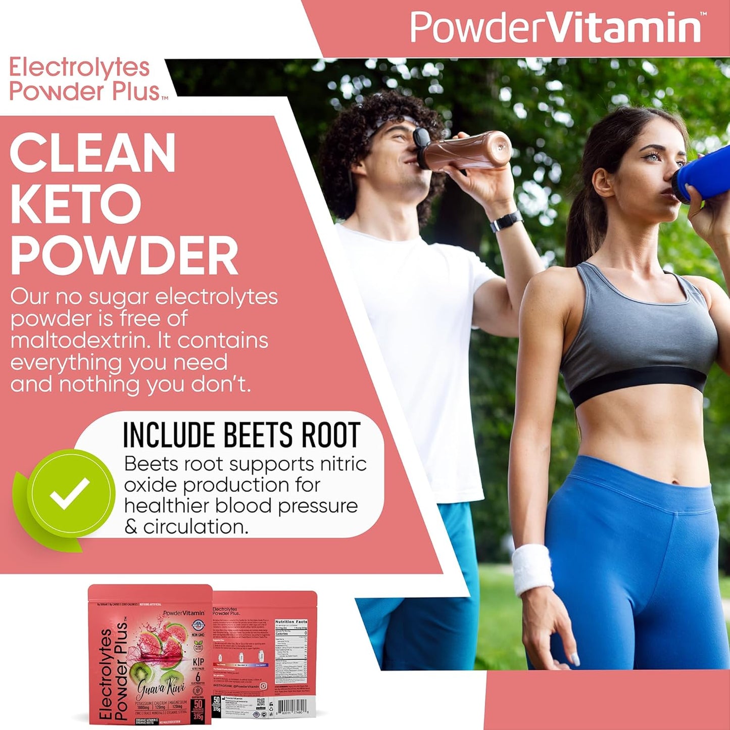 Guava Kiwi Electrolyte Powder with 50 Servings, Zero Calorie Keto Formula - 1000mg Potassium, 120mg Calcium, 120mg Magnesium for Hydration
