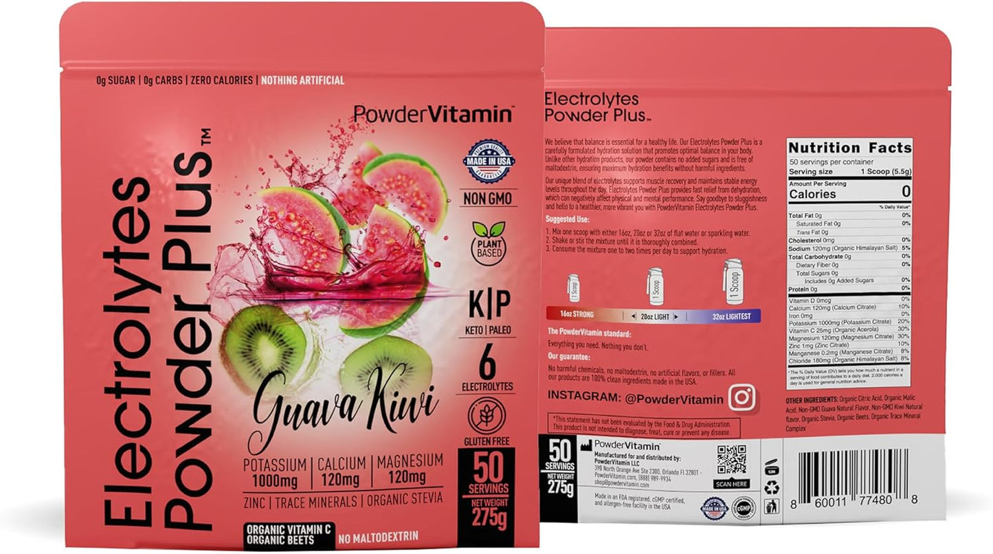 Guava Kiwi Electrolyte Powder with 50 Servings, Zero Calorie Keto Formula - 1000mg Potassium, 120mg Calcium, 120mg Magnesium for Hydration