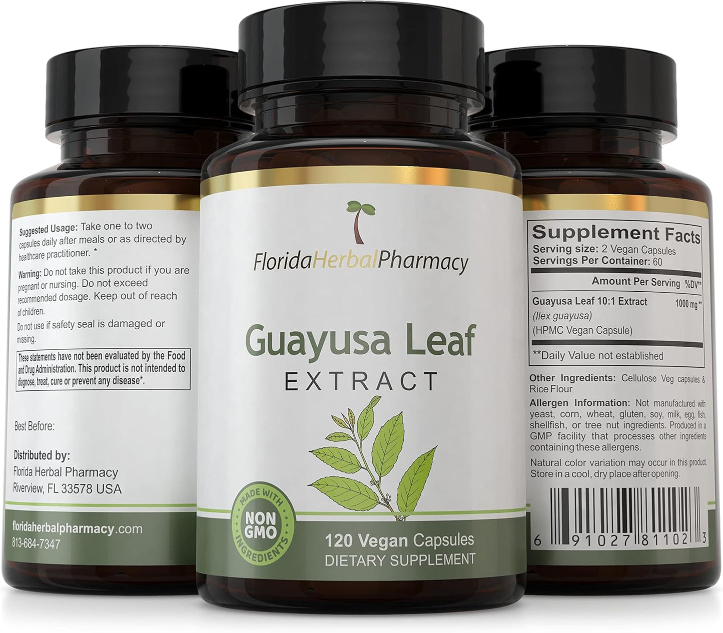 Guayusa Leaf Extract Capsules 10:1 - 120 Capsules, 500mg Each - 1000mg Serving - Florida Herbal Pharmacy