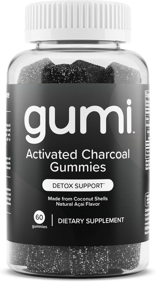 gumi Nutrition Coconut Activated Charcoal Gummies - 200mg Gummy Vitamin for Detox, Oral & Gut Health - Gluten Free, Vegan, Non GMO - Natural Açaí Flavor - 60 Count