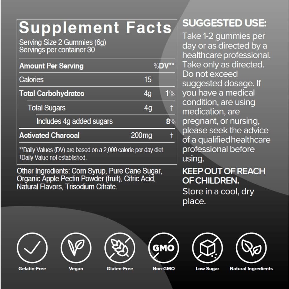 gumi Nutrition Coconut Activated Charcoal Gummies - 200mg Gummy Vitamin for Detox, Oral & Gut Health - Gluten Free, Vegan, Non GMO - Natural Açaí Flavor - 60 Count