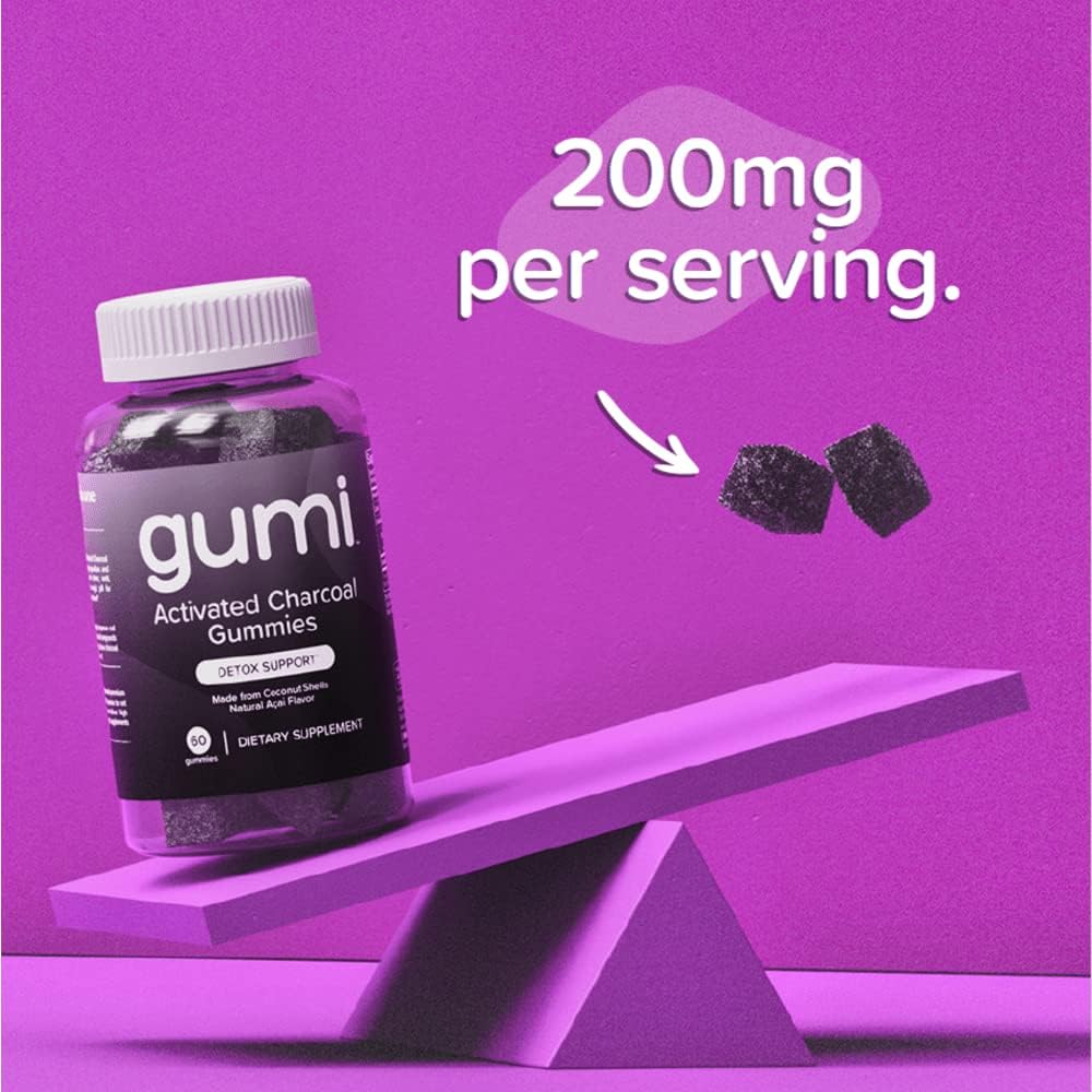 gumi Nutrition Coconut Activated Charcoal Gummies - 200mg Gummy Vitamin for Detox, Oral & Gut Health - Gluten Free, Vegan, Non GMO - Natural Açaí Flavor - 60 Count