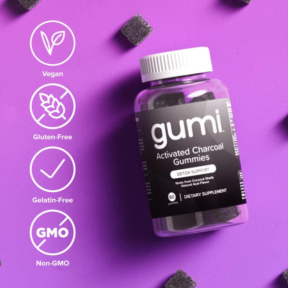 gumi Nutrition Coconut Activated Charcoal Gummies - 200mg Gummy Vitamin for Detox, Oral & Gut Health - Gluten Free, Vegan, Non GMO - Natural Açaí Flavor - 60 Count