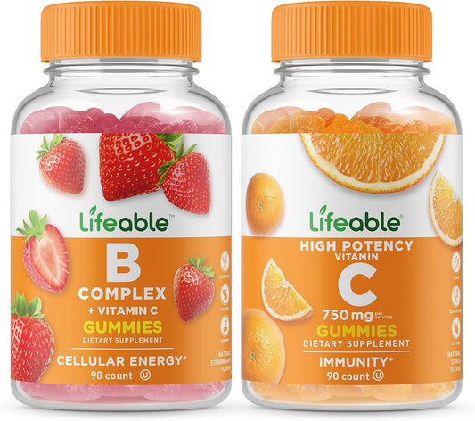 Gummy Bundle: Lifeable B Complex + Vitamin C 750mg - Tasty, Gluten Free, GMO Free Chewables