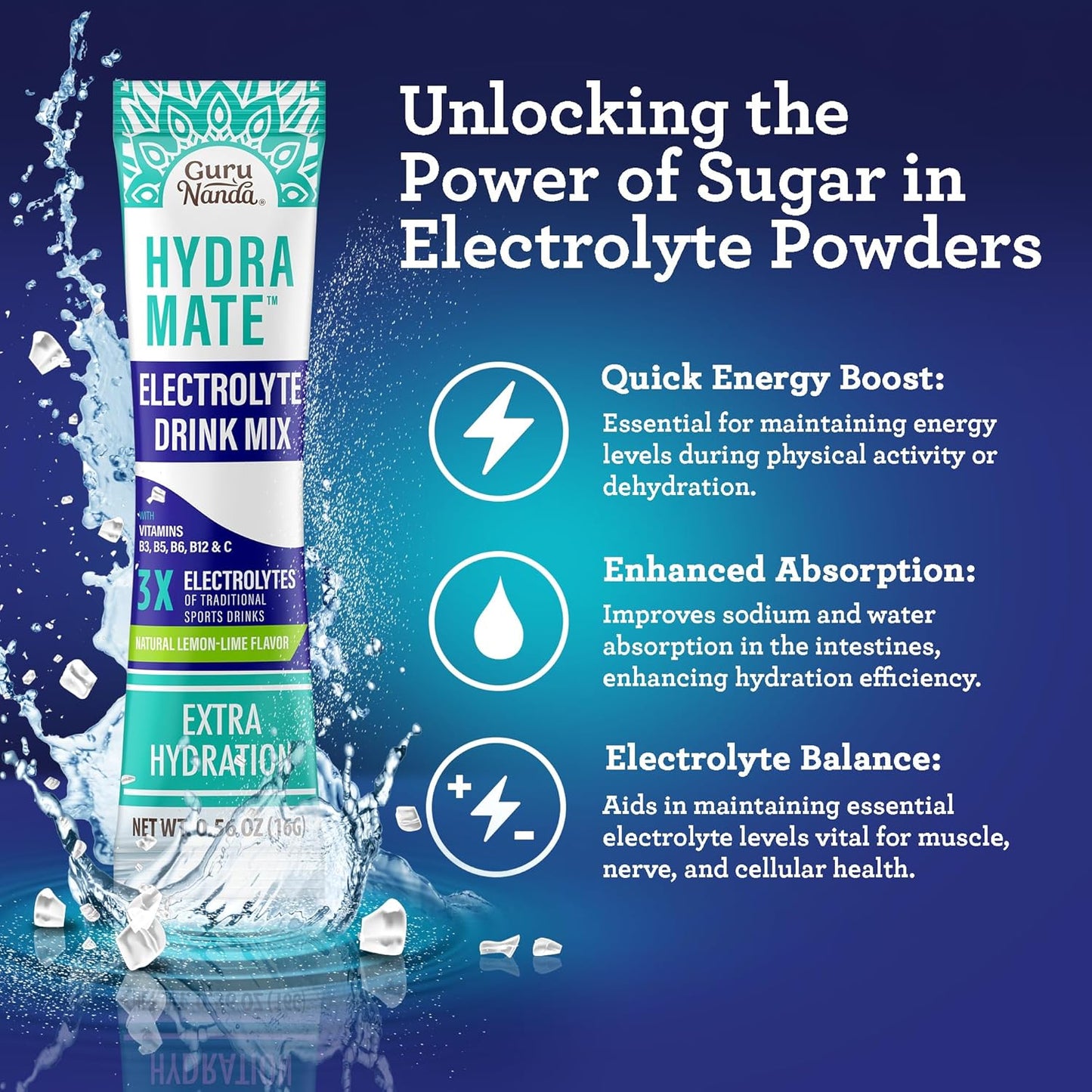 GuruNanda Hydramate Hydration Support Electrolyte Powder Packets - Natural Lemon Lime Flavor, 24 Count for Dehydration, Exercise, and Energy Boost - Non-GMO Formula with No Added Sweeteners