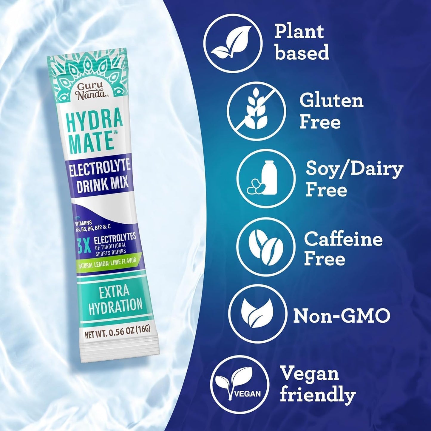 GuruNanda Hydramate Hydration Support Electrolyte Powder Packets - Natural Lemon Lime Flavor, 24 Count for Dehydration, Exercise, and Energy Boost - Non-GMO Formula with No Added Sweeteners