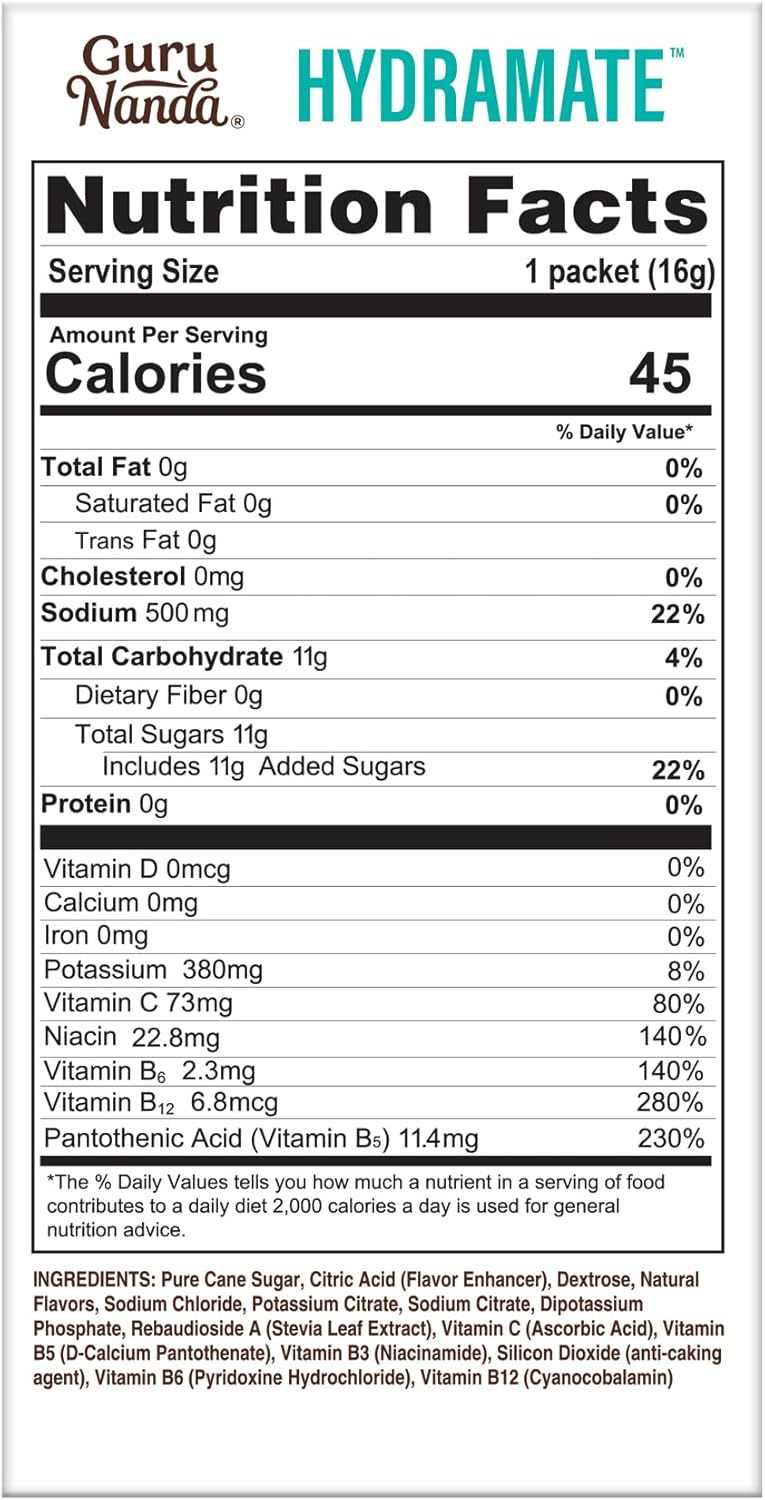 GuruNanda Hydramate Hydration Support Electrolyte Powder Packets - Natural Lemon Lime Flavor, 24 Count for Dehydration, Exercise, and Energy Boost - Non-GMO Formula with No Added Sweeteners