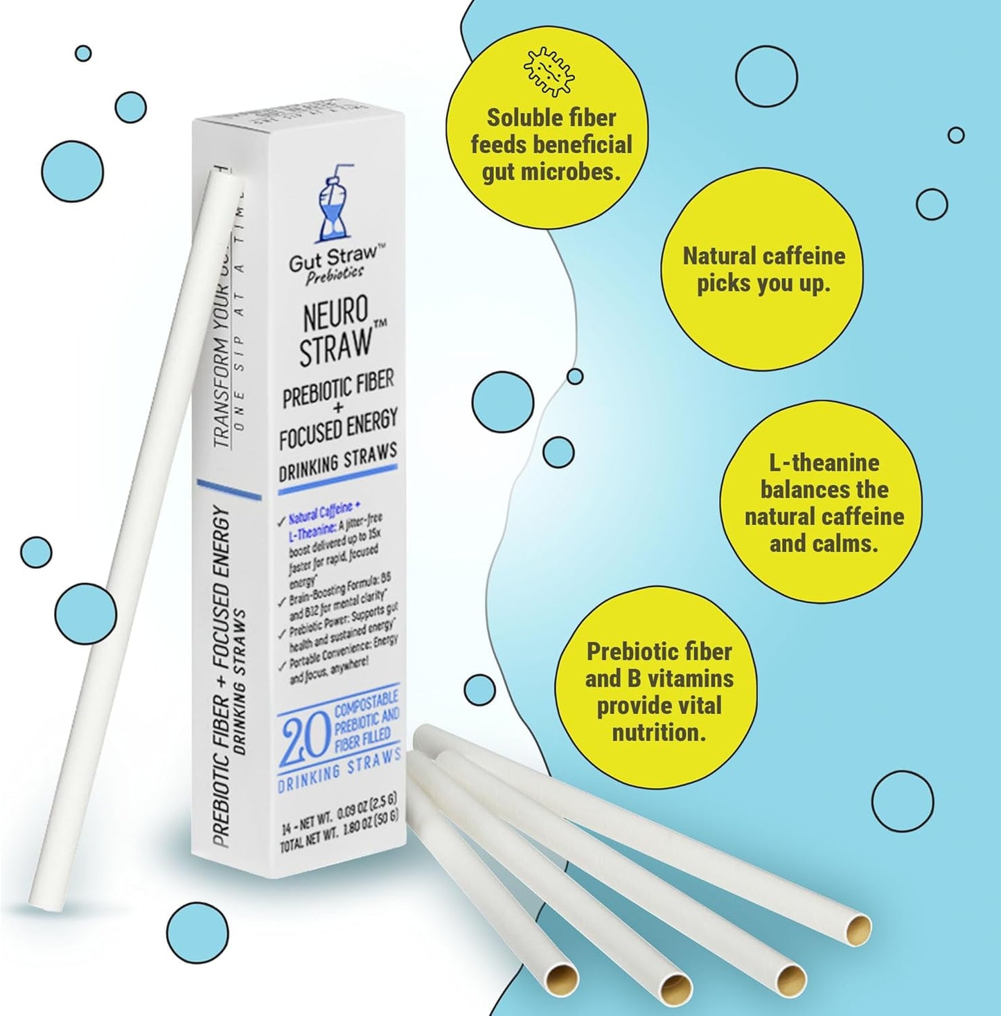 Gut Straw's Neuro Straw: Natural Caffeine, L-theanine, and B Vitamins - Convenient Straw Format