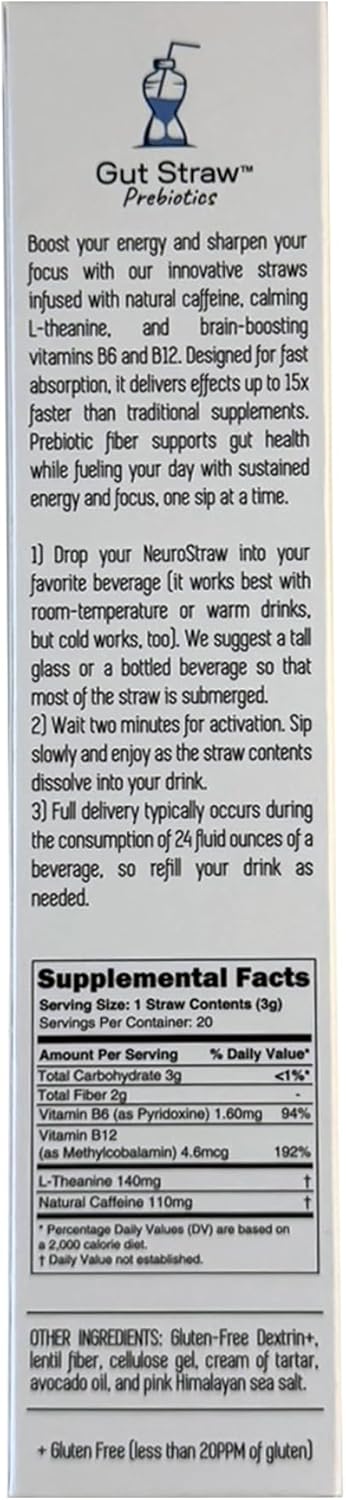 Gut Straw's Neuro Straw: Natural Caffeine, L-theanine, and B Vitamins - Convenient Straw Format
