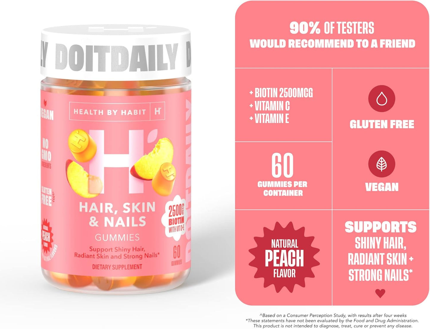 Habit Hair, Skin, and Nails Gummies - 60 Count Peach Flavored Supplement with 2500mcg Biotin, Vitamin C, & E - Vegan & Gluten-Free