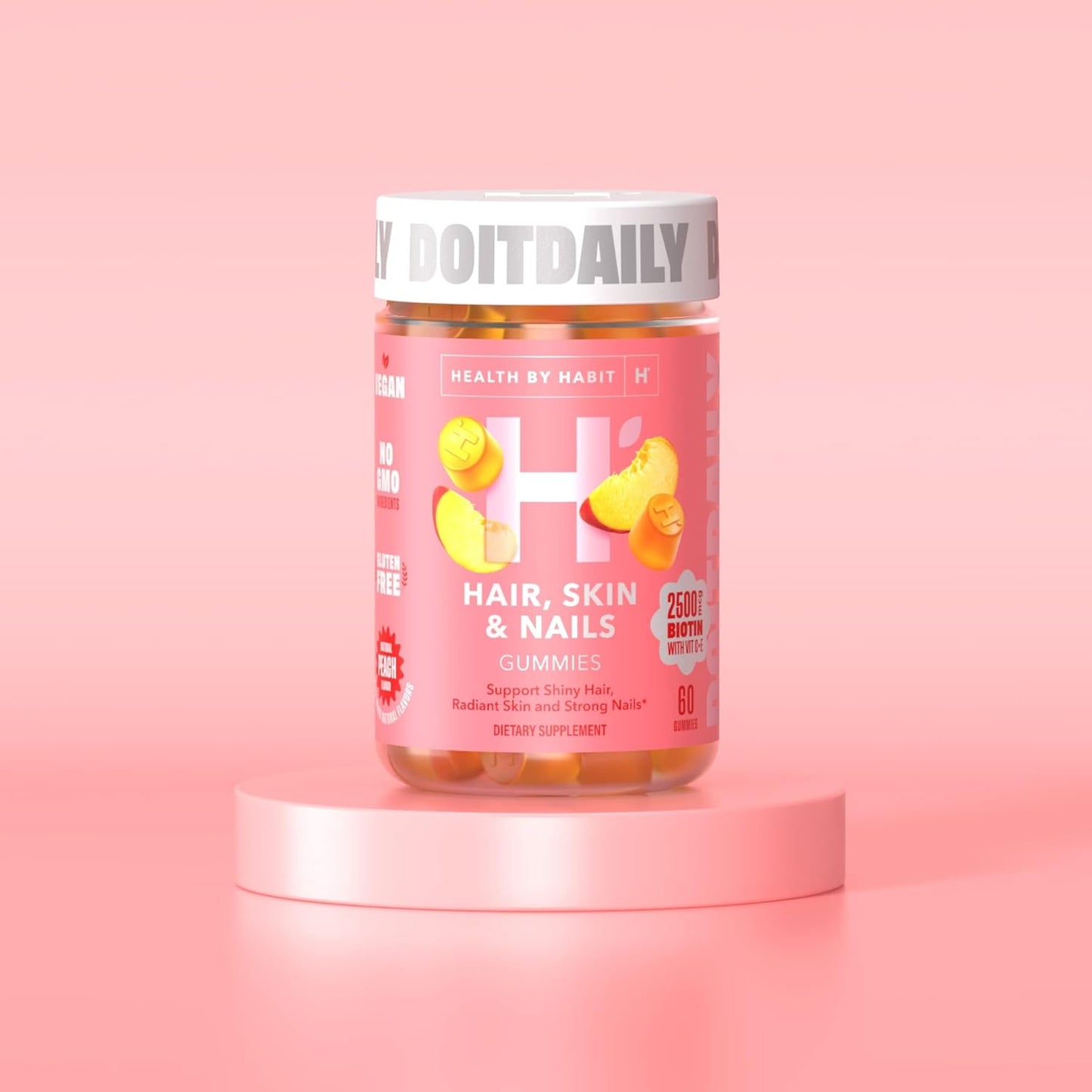 Habit Hair, Skin, and Nails Gummies - 60 Count Peach Flavored Supplement with 2500mcg Biotin, Vitamin C, & E - Vegan & Gluten-Free