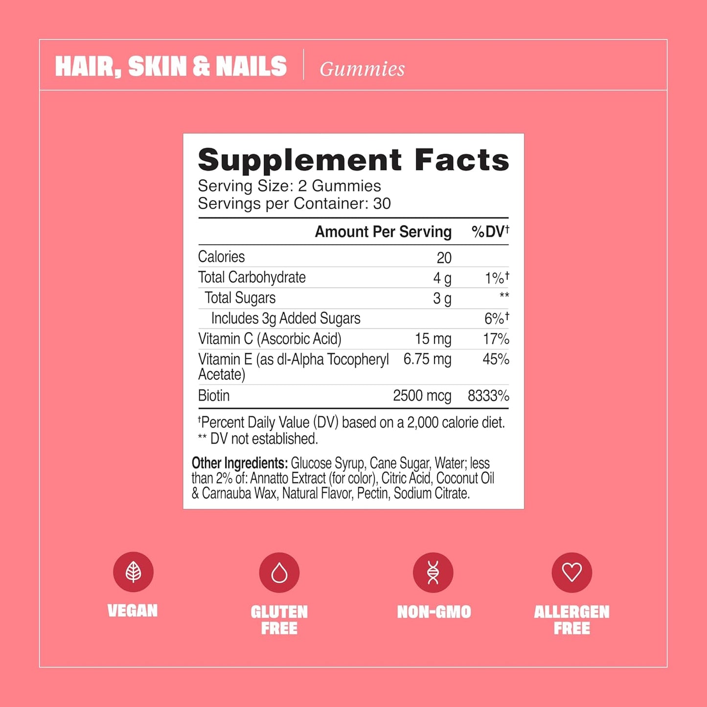Habit Hair, Skin, and Nails Gummies - 60 Count Peach Flavored Supplement with 2500mcg Biotin, Vitamin C, & E - Vegan & Gluten-Free