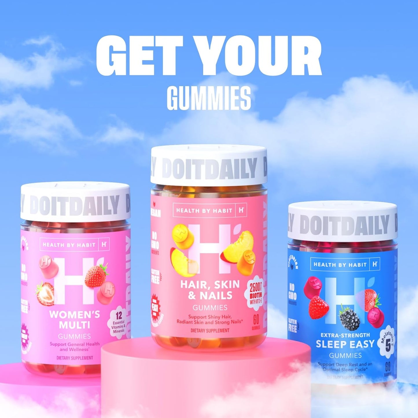 Habit Hair, Skin, and Nails Gummies - 60 Count Peach Flavored Supplement with 2500mcg Biotin, Vitamin C, & E - Vegan & Gluten-Free