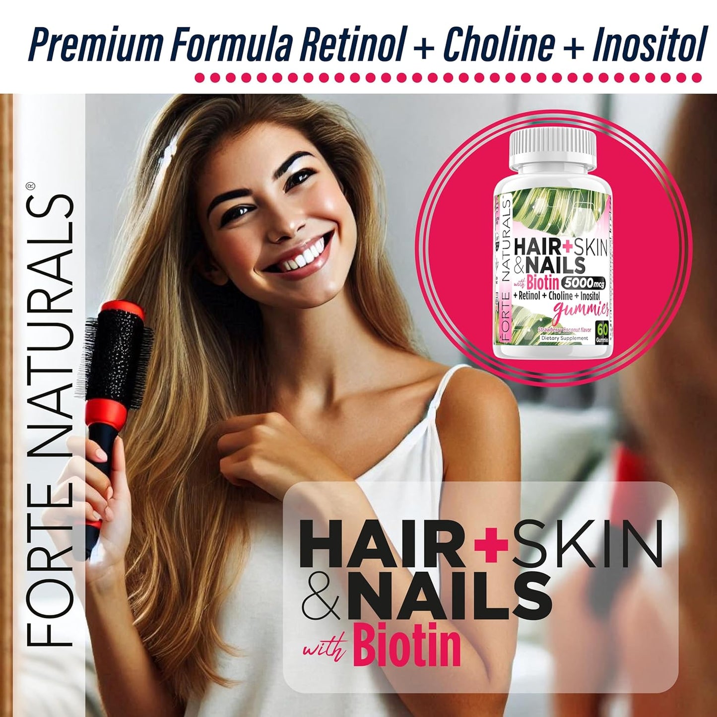 Hair Growth Biotin Gummies for Women - 5000mcg Biotin, USA-Made, Iodine for Nail Health, Choline Inositol Supplements