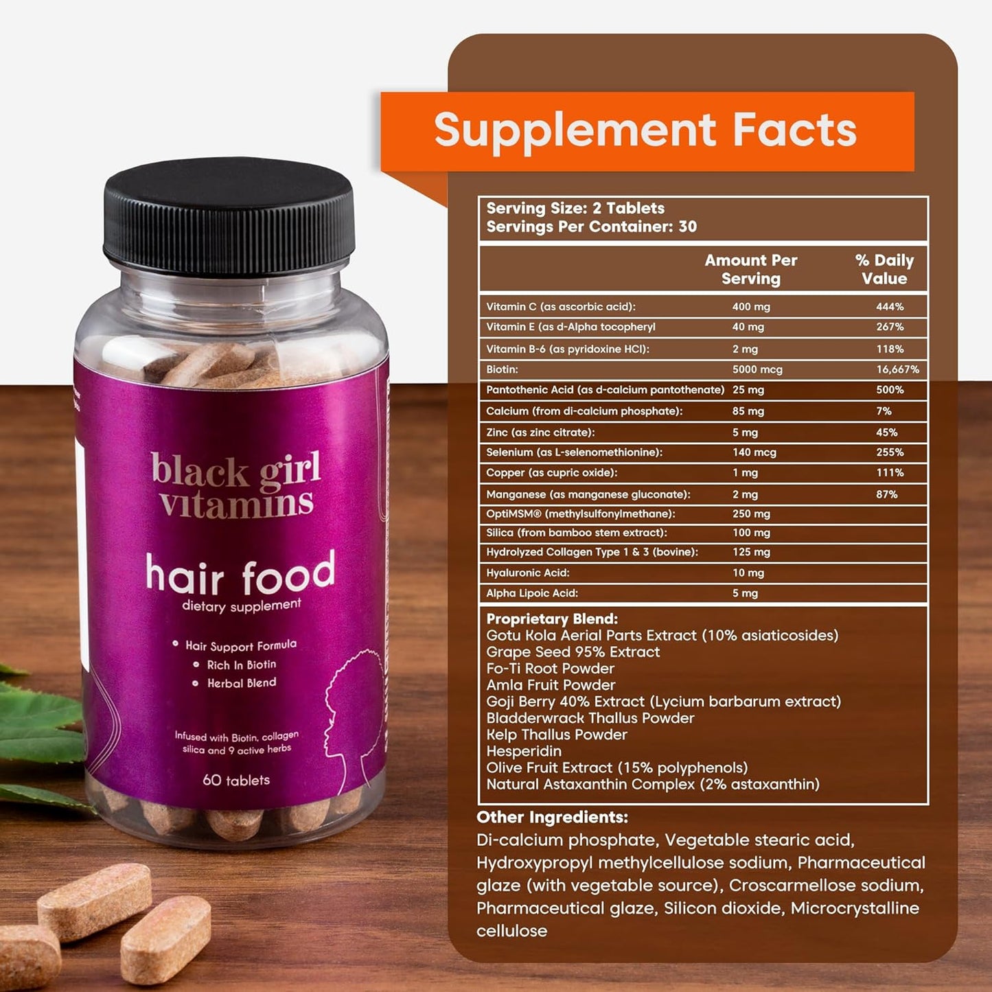 Hair Growth Support Supplement for Black Women - Biotin & Collagen Hair Food, Vegan & Gluten-Free - 60ct