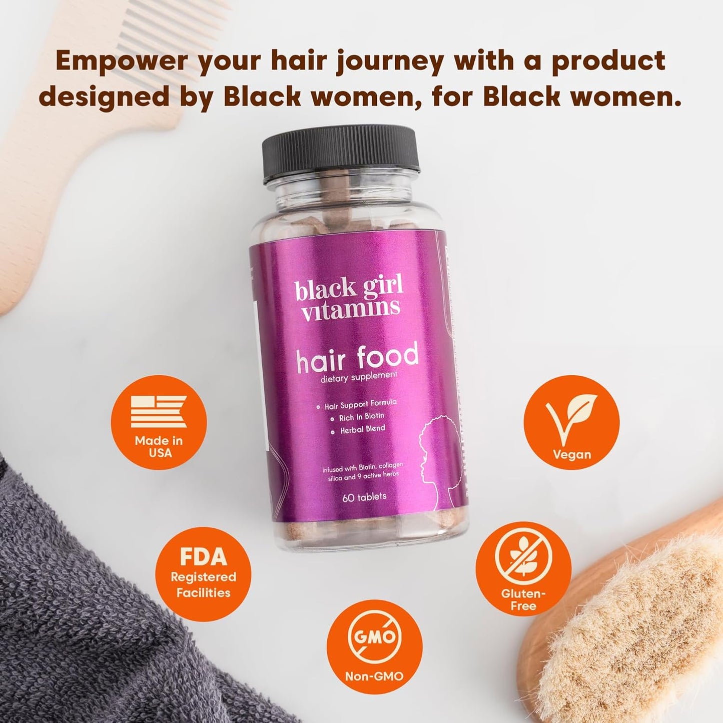 Hair Growth Support Supplement for Black Women - Biotin & Collagen Hair Food, Vegan & Gluten-Free - 60ct