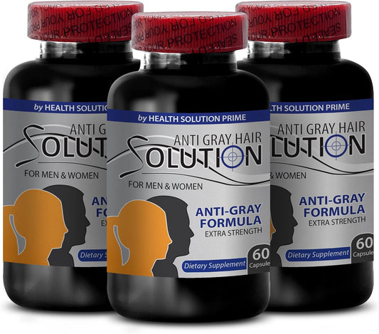 Hair Health Solution: Vitamin B6 & Pantothenic Acid - Gray Hair Reversal for Men and Women - Natural Hair Color Supplement with Biotin, Saw Palmetto - 3 Bottles, 180 Capsules