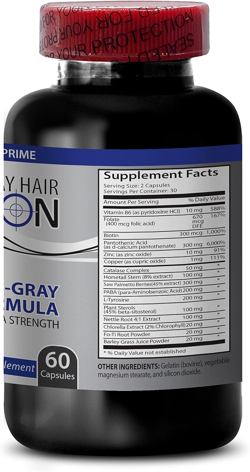 Hair Health Solution: Vitamin B6 & Pantothenic Acid - Gray Hair Reversal for Men and Women - Natural Hair Color Supplement with Biotin, Saw Palmetto - 3 Bottles, 180 Capsules