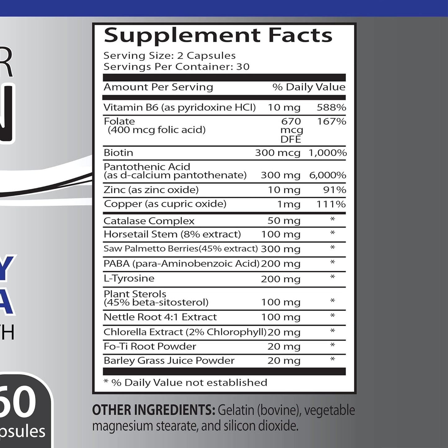 Hair Health Solution: Vitamin B6 & Pantothenic Acid - Gray Hair Reversal for Men and Women - Natural Hair Color Supplement with Biotin, Saw Palmetto - 3 Bottles, 180 Capsules