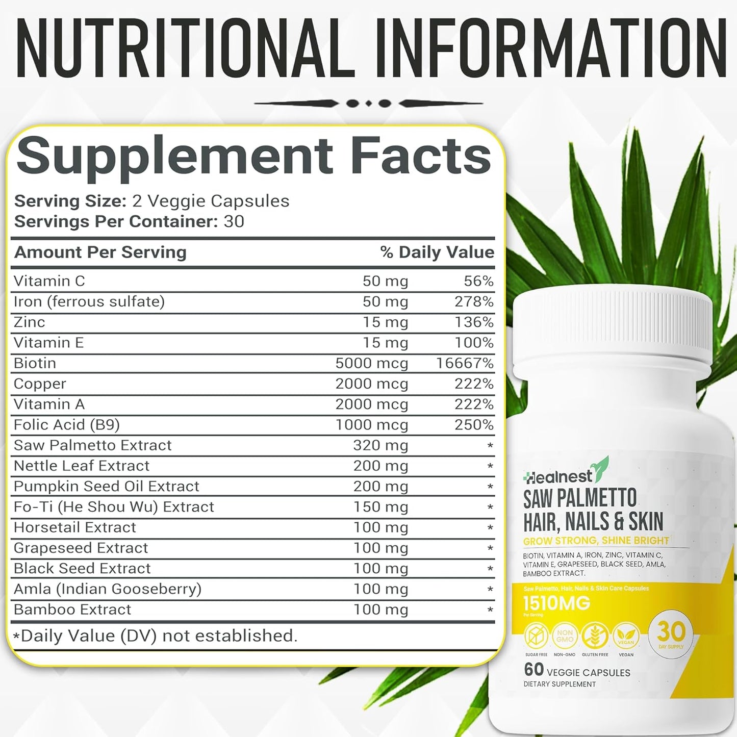 Hair, Nails & Skin Care Supplement with Saw Palmetto, Biotin, Amla, Vitamins for Men and Women - 60 Capsules