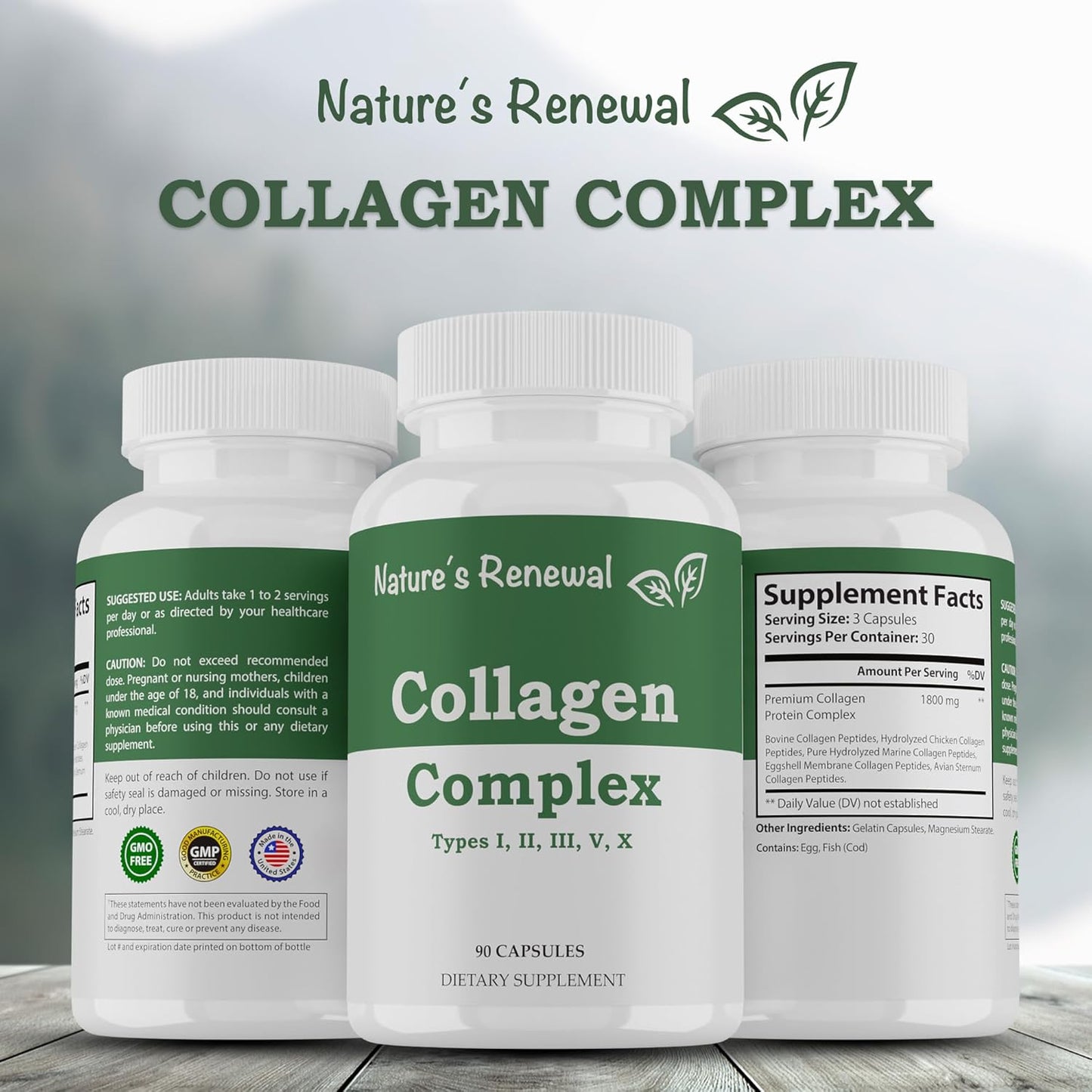 Hair, Nails & Skin Collagen Complex Supplement - Marine, Bovine, Chicken Peptides - Vital Proteins for Men & Women - Types I, II, III, V, X - 90 Capsules