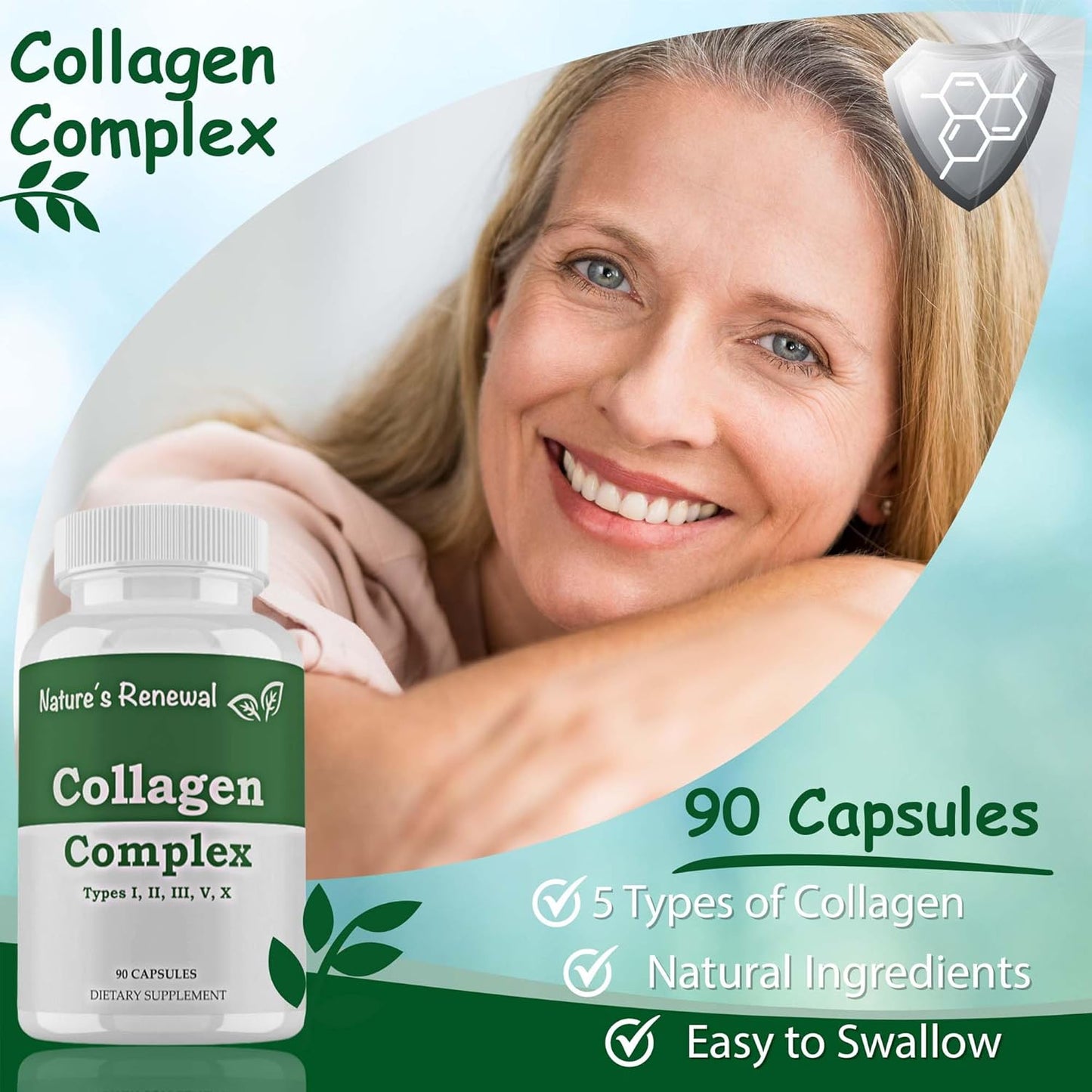 Hair, Nails & Skin Collagen Complex Supplement - Marine, Bovine, Chicken Peptides - Vital Proteins for Men & Women - Types I, II, III, V, X - 90 Capsules