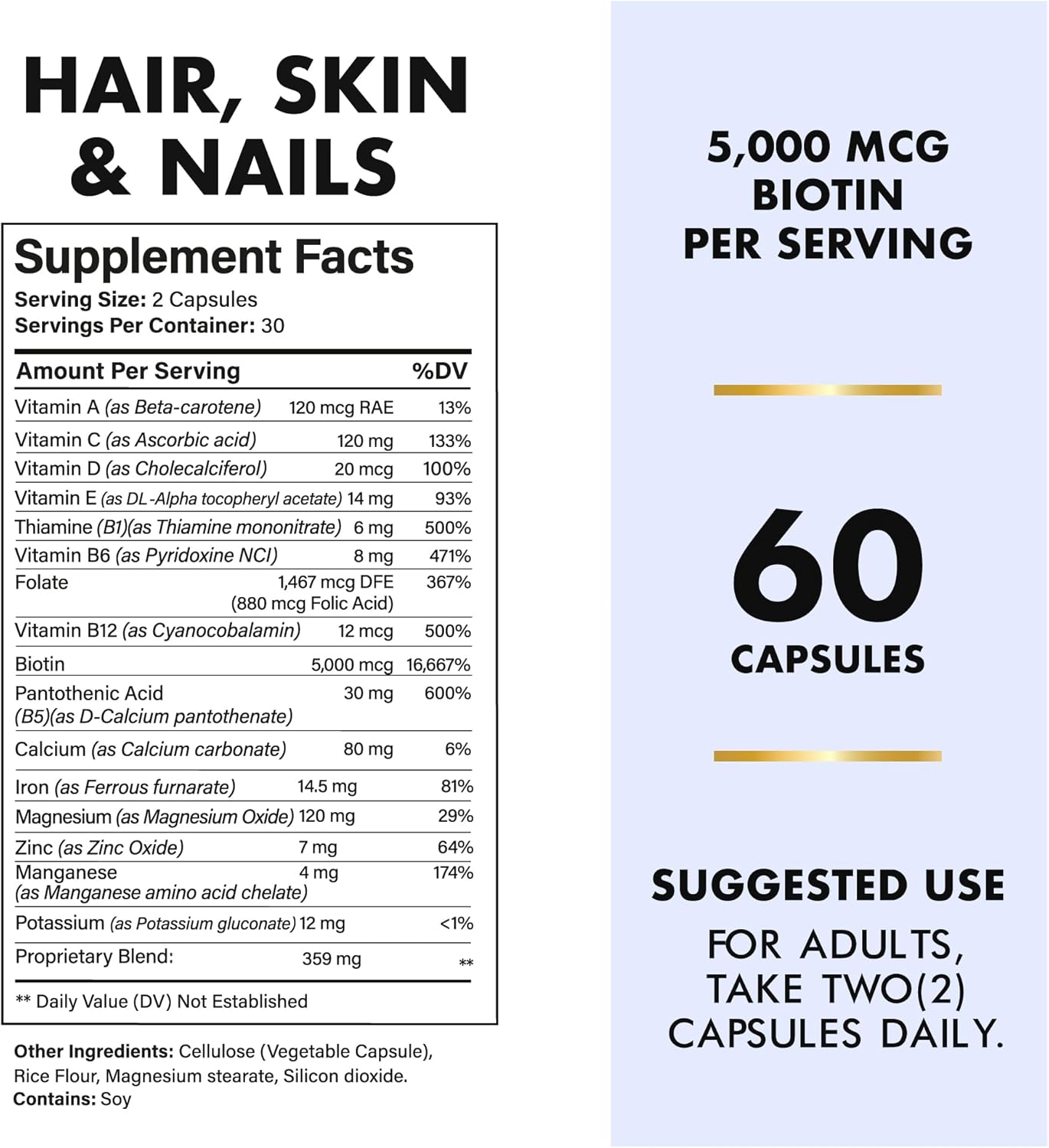 Hair Shield: Vitamins for Hair Growth, Stronger Nails - Biotin, Calcium, Zinc - 60 Capsules