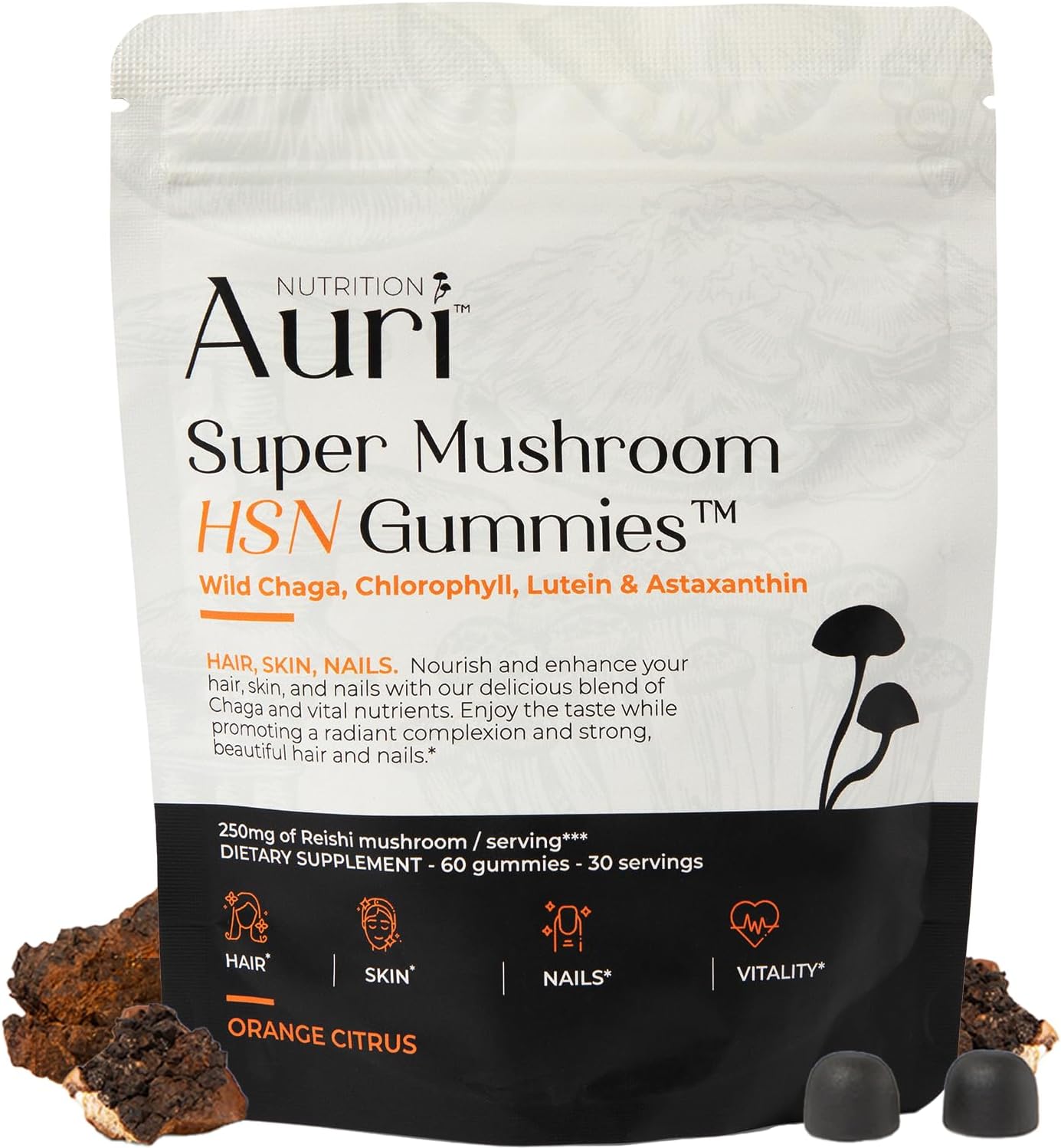 Hair Skin and Nails Gummies with Auri Super Mushroom HSN - Functional Mushrooms Supplement with Wild Chaga, Chlorophyll, Lutein, and Astaxanthin - 60 Orange Citrus Gummies