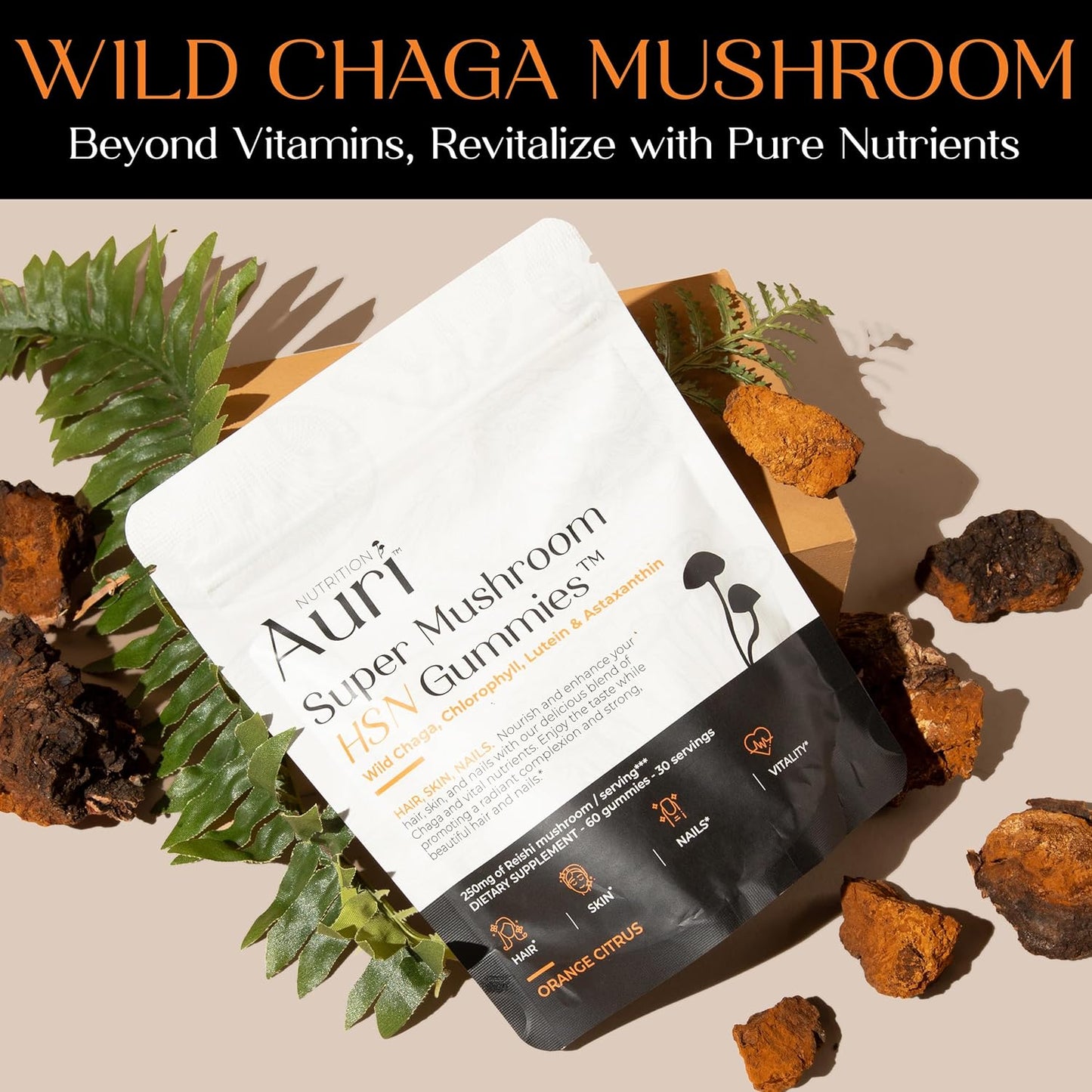 Hair Skin and Nails Gummies with Auri Super Mushroom HSN - Functional Mushrooms Supplement with Wild Chaga, Chlorophyll, Lutein, and Astaxanthin - 60 Orange Citrus Gummies