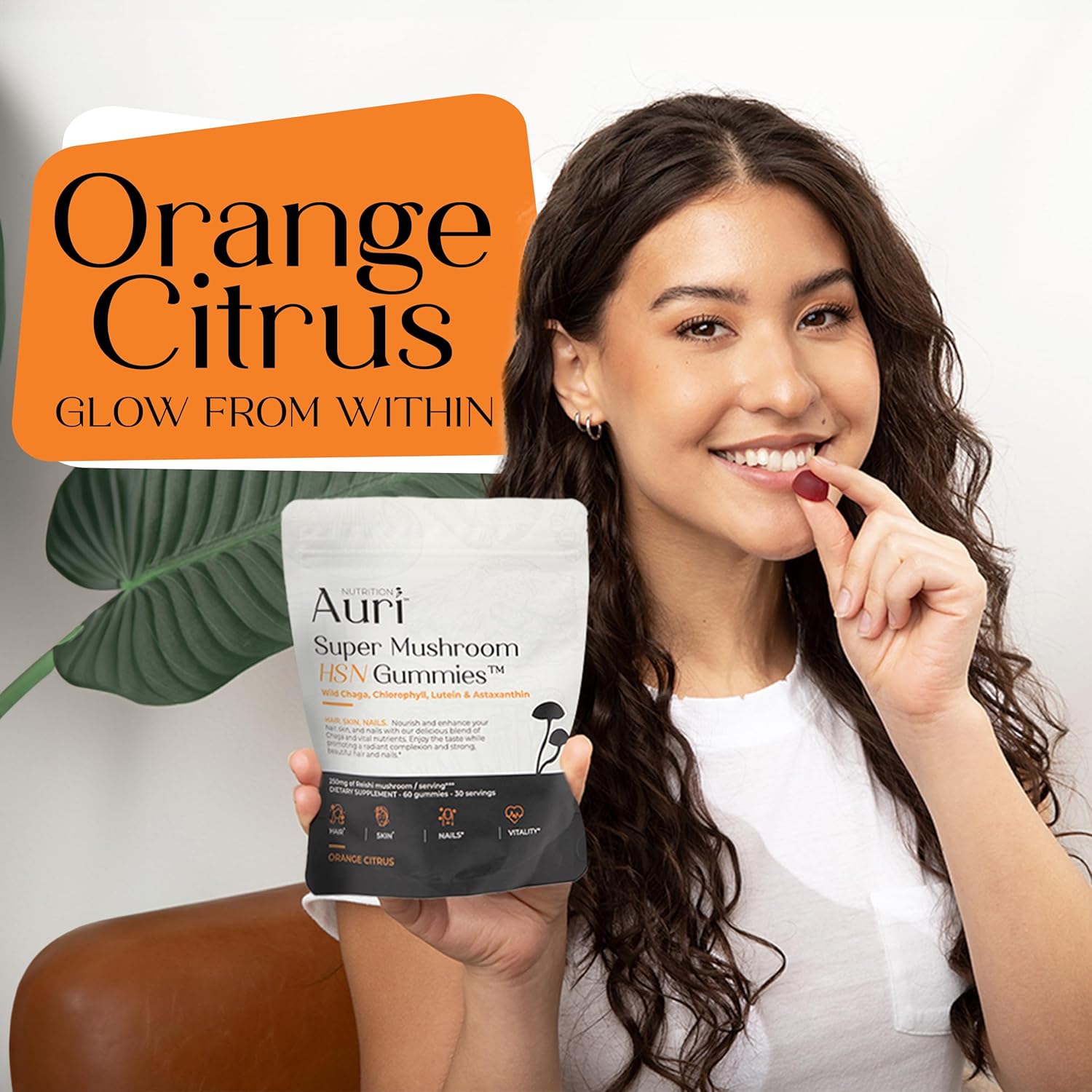 Hair Skin and Nails Gummies with Auri Super Mushroom HSN - Functional Mushrooms Supplement with Wild Chaga, Chlorophyll, Lutein, and Astaxanthin - 60 Orange Citrus Gummies