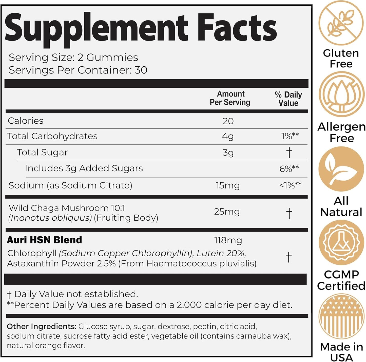 Hair Skin and Nails Gummies with Auri Super Mushroom HSN - Functional Mushrooms Supplement with Wild Chaga, Chlorophyll, Lutein, and Astaxanthin - 60 Orange Citrus Gummies