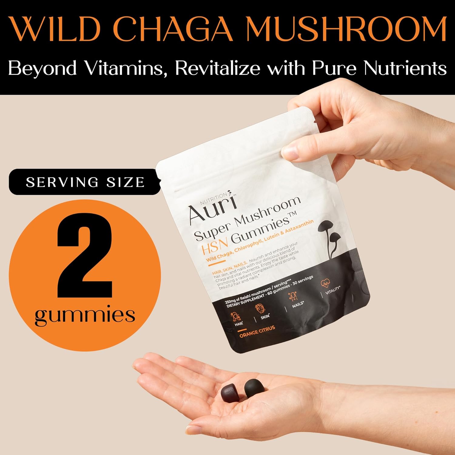 Hair Skin and Nails Gummies with Auri Super Mushroom HSN - Functional Mushrooms Supplement with Wild Chaga, Chlorophyll, Lutein, and Astaxanthin - 60 Orange Citrus Gummies